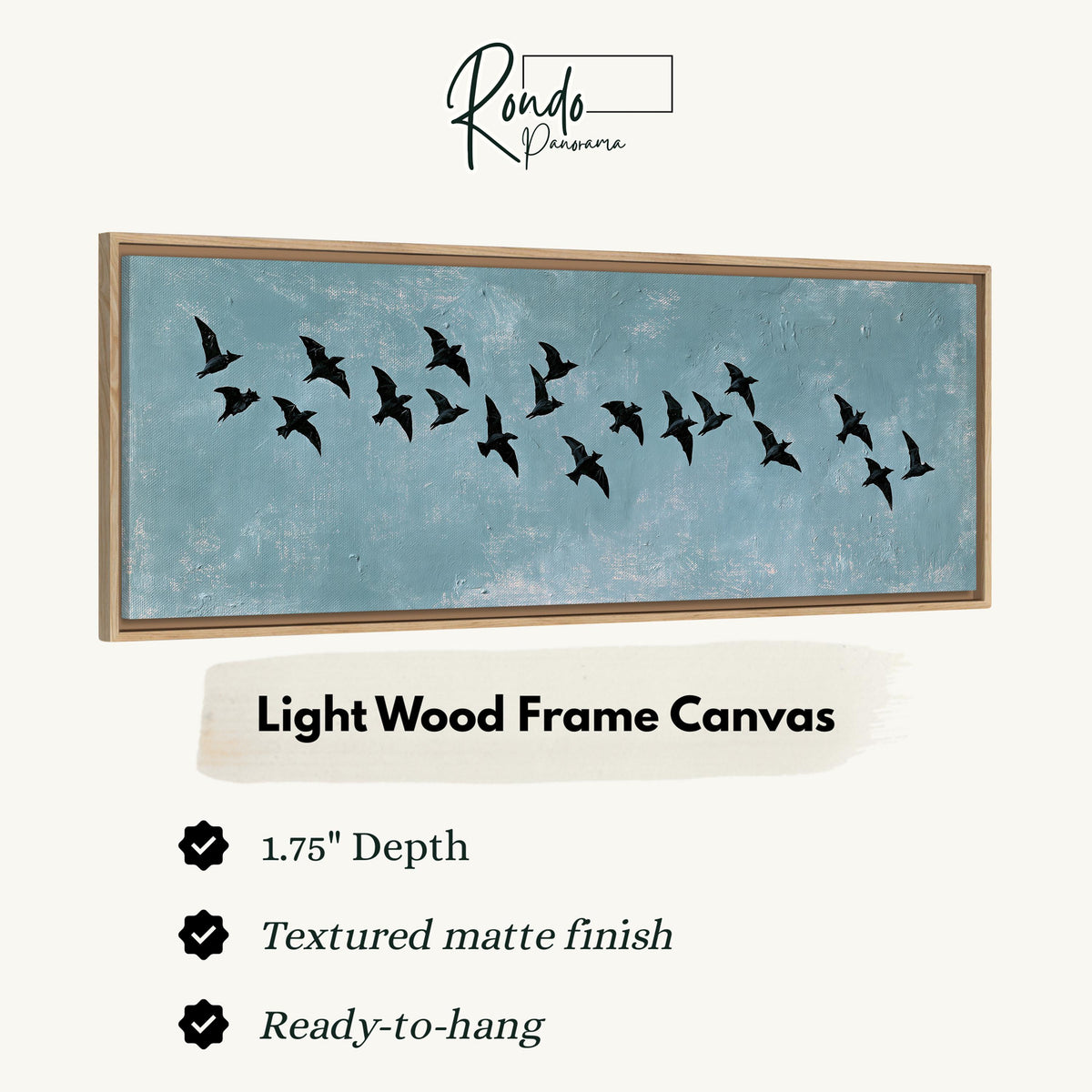 Flock of black birds on a teal sky canvas print in a light wood floating frame