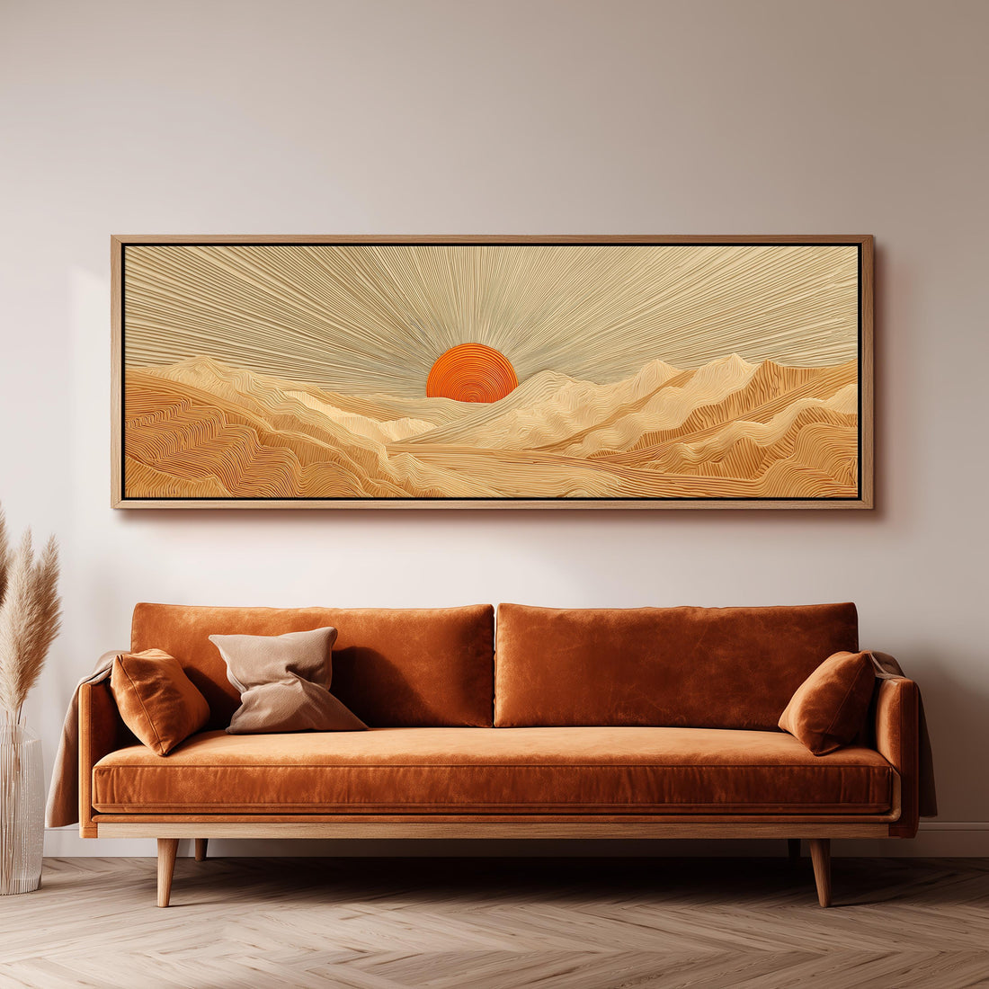 a large, rectangular painting hanging on a wall above a brown sofa.