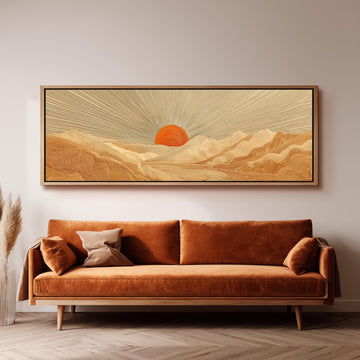 a large, rectangular painting hanging on a wall above a brown sofa.