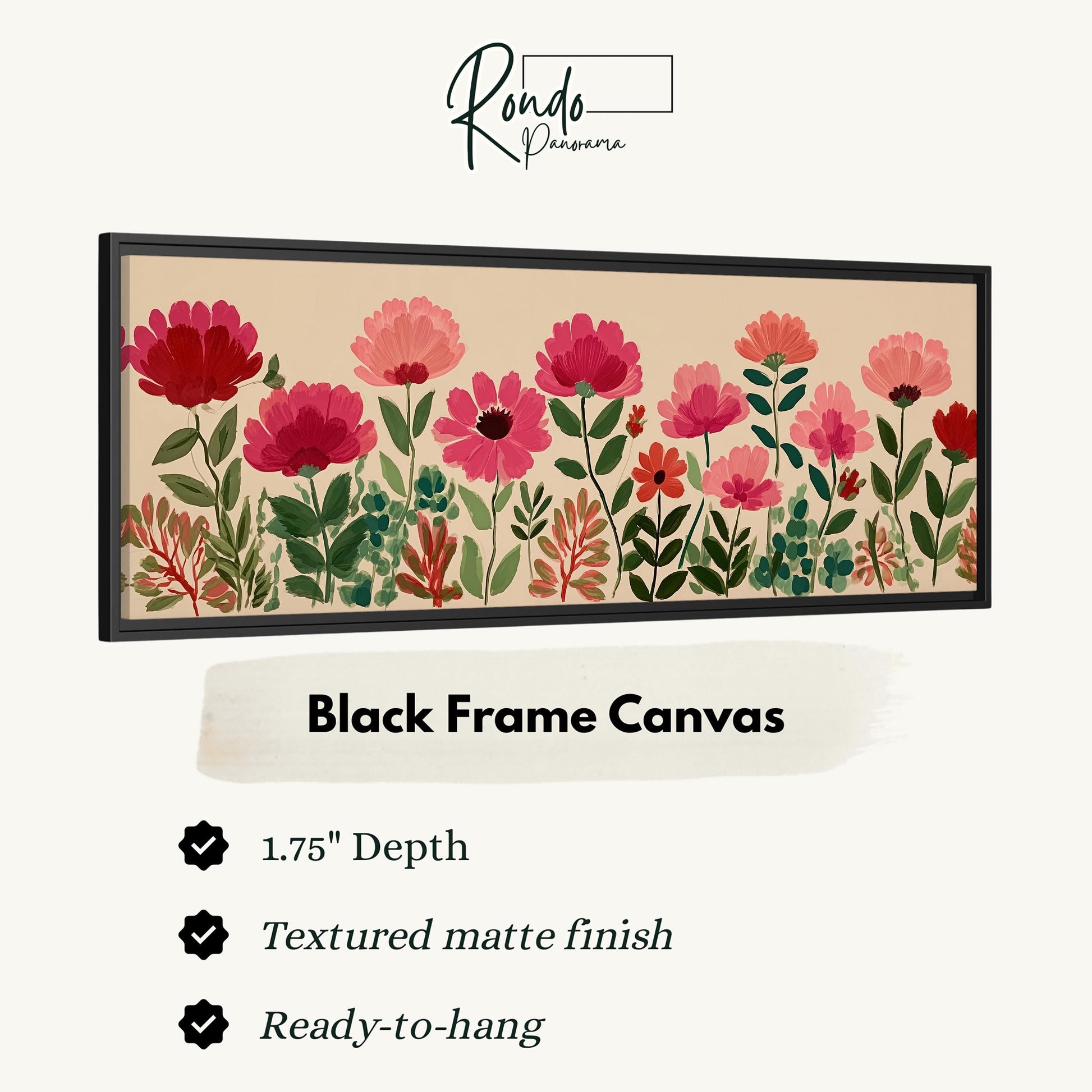 a black frame canvas with a floral design of red and pink flowers.