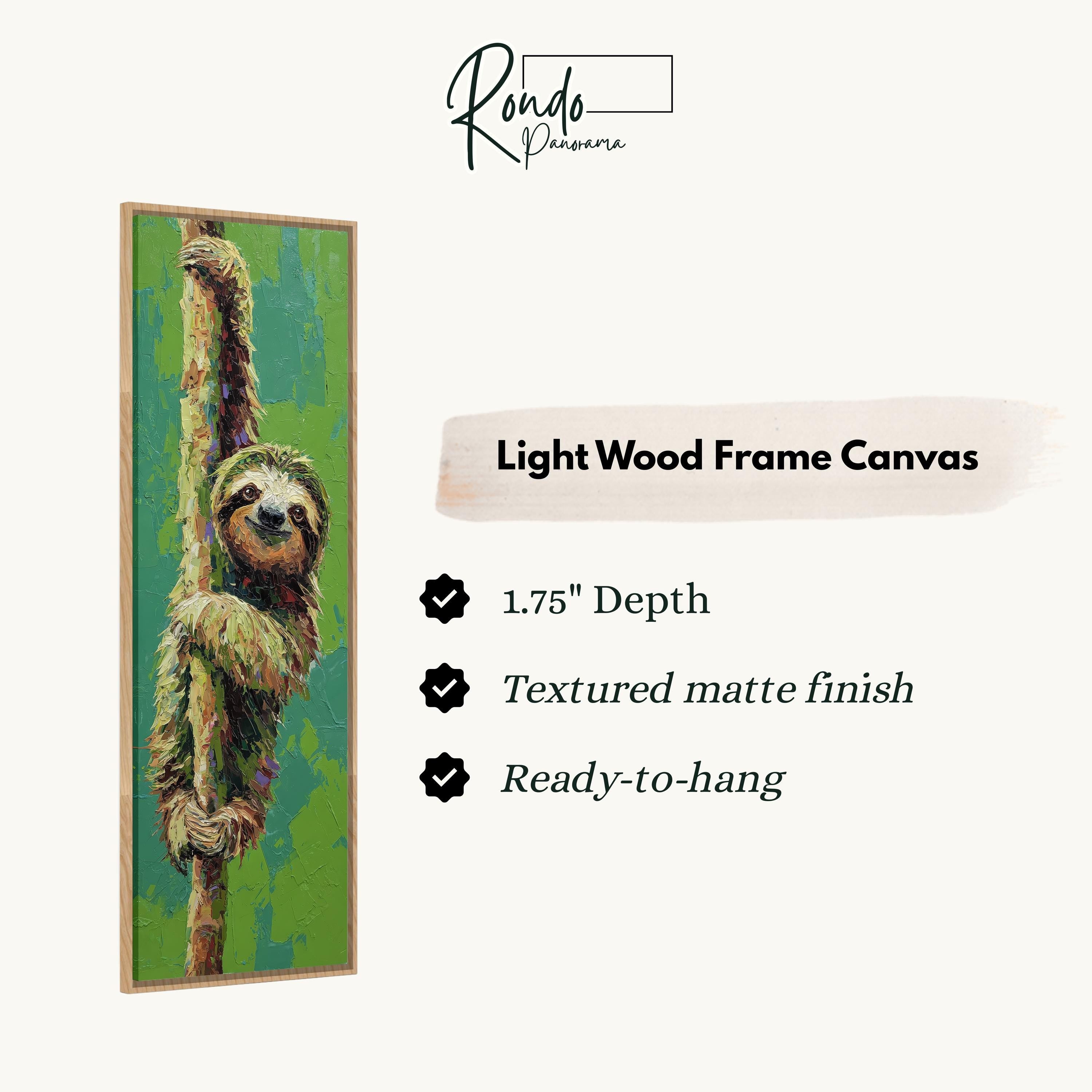 The image is a painting of a sloth hanging from a tree branch.