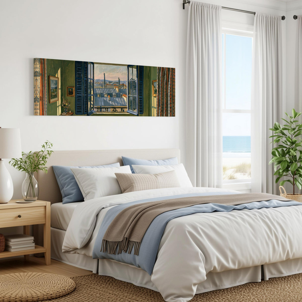 Paris zinc rooftops seen through a green room window panoramic canvas print above a bed in a coastal bedroom