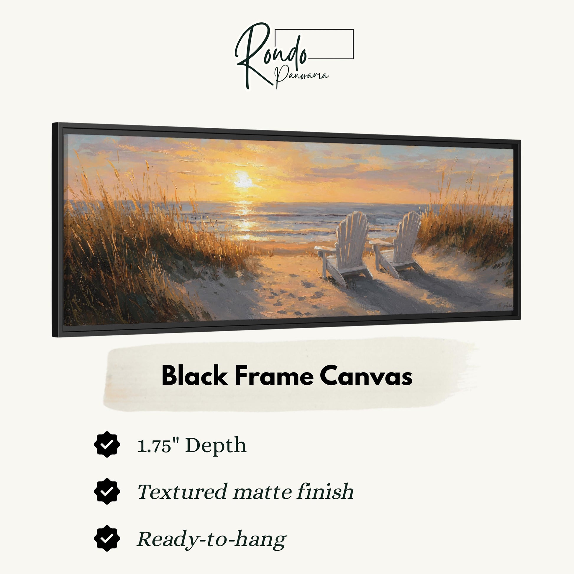 The image is a black frame canvas depicting a serene beach scene with two white chairs facing the ocean at sunset.