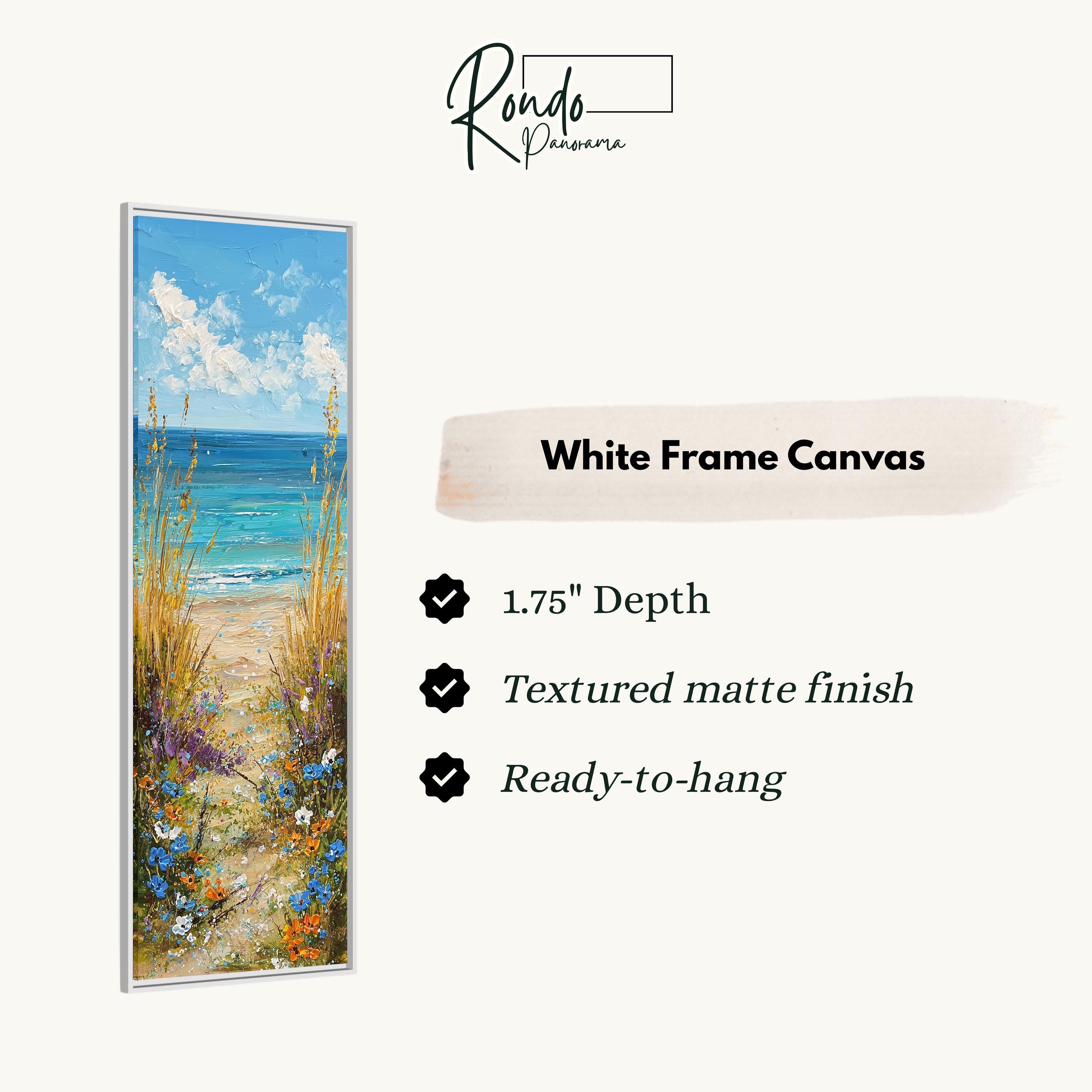 The image is a white frame canvas depicting a beach scene with a path leading to the ocean.