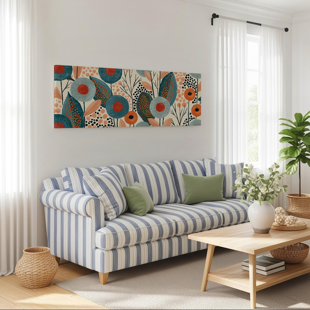 Teal poppies and speckled leaves long horizontal canvas print above a striped sofa in a coastal living room