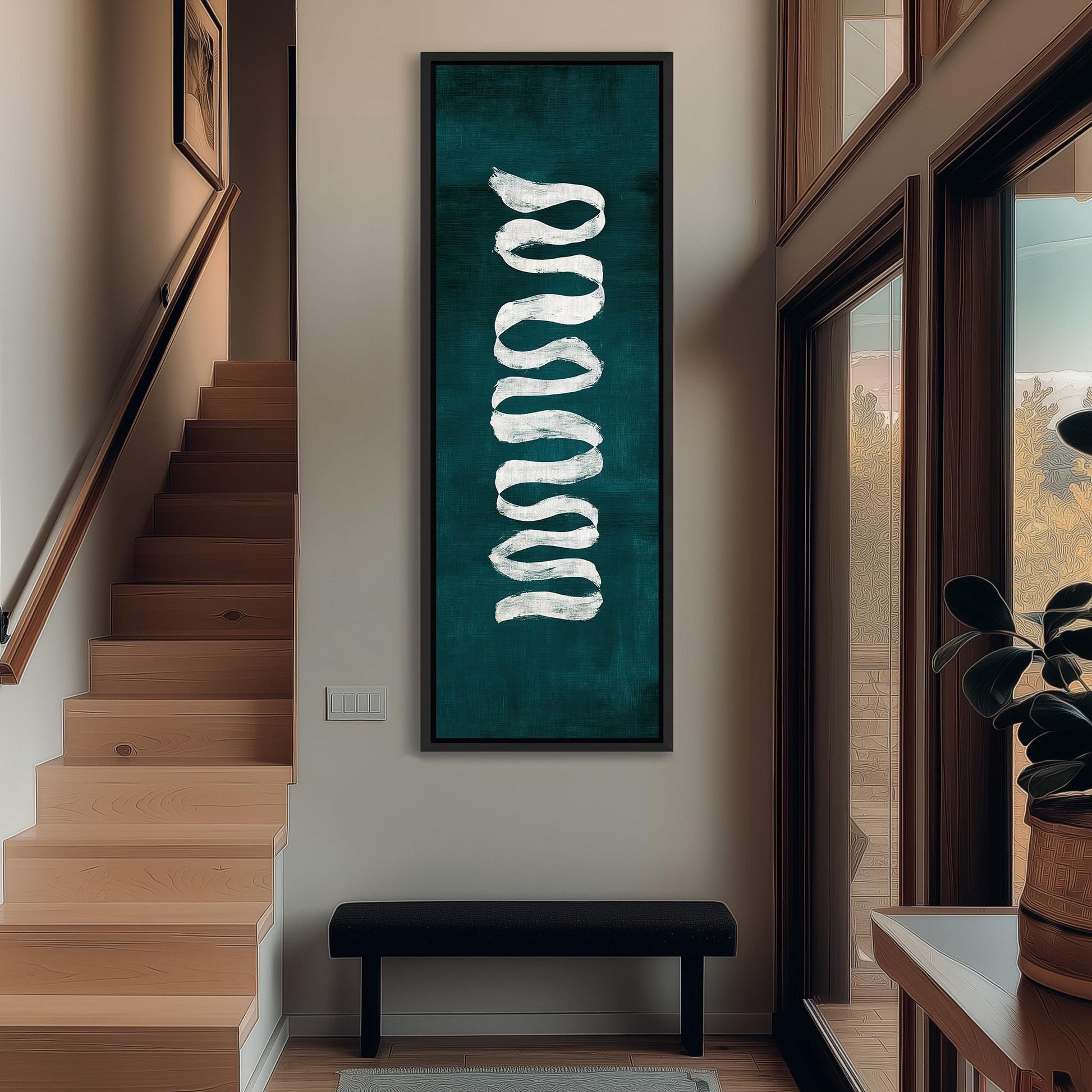 a modern interior design with a large abstract painting hanging on the wall, a wooden staircase, a black bench, and a potted plant.