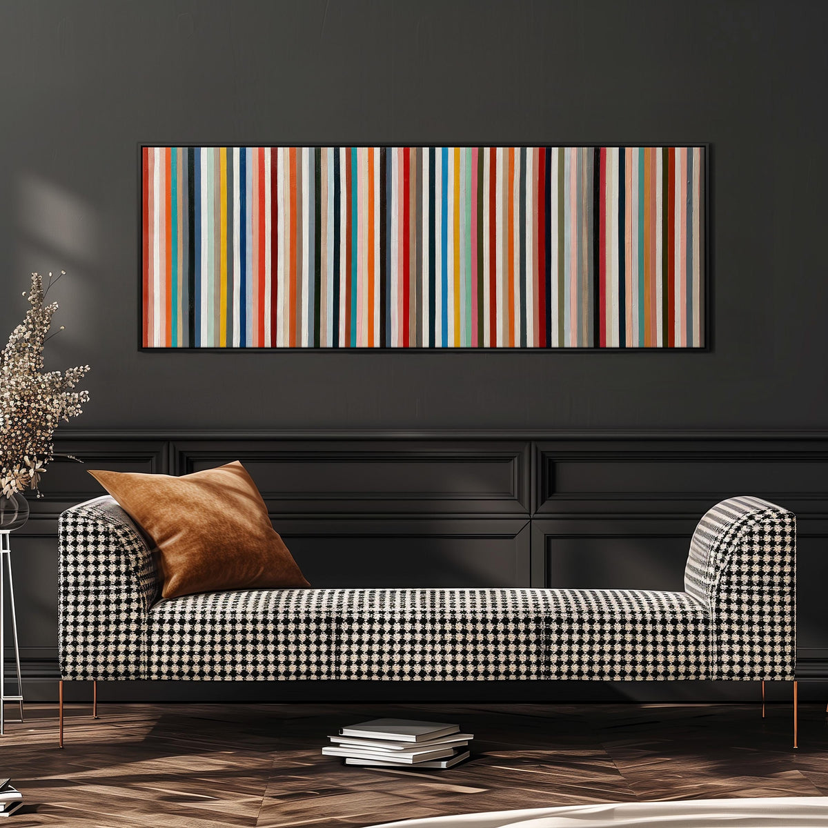 Rainbow pinstripes wide panoramic canvas print above a bench in a dark living room