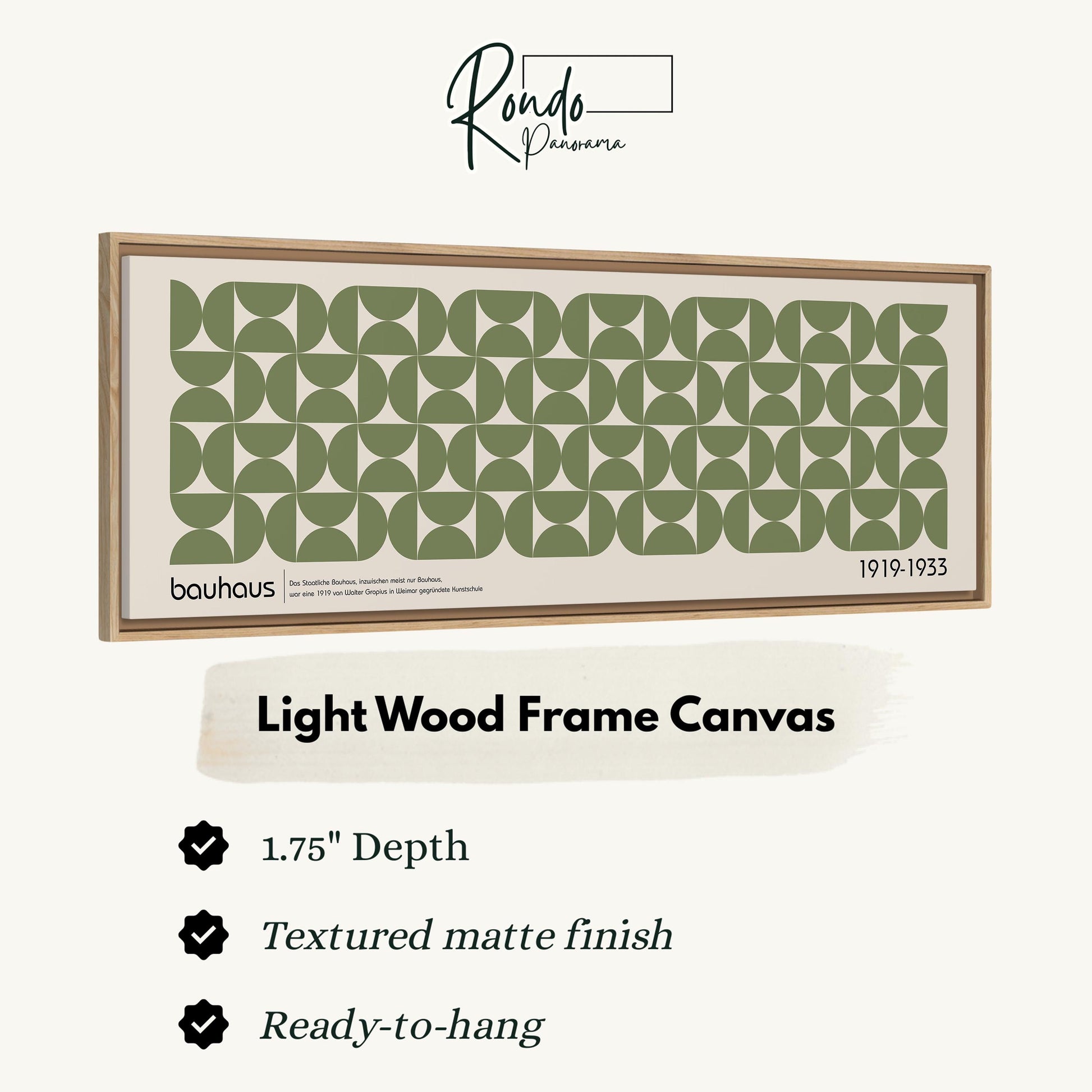 The image is a framed artwork with a geometric pattern in shades of green and brown.