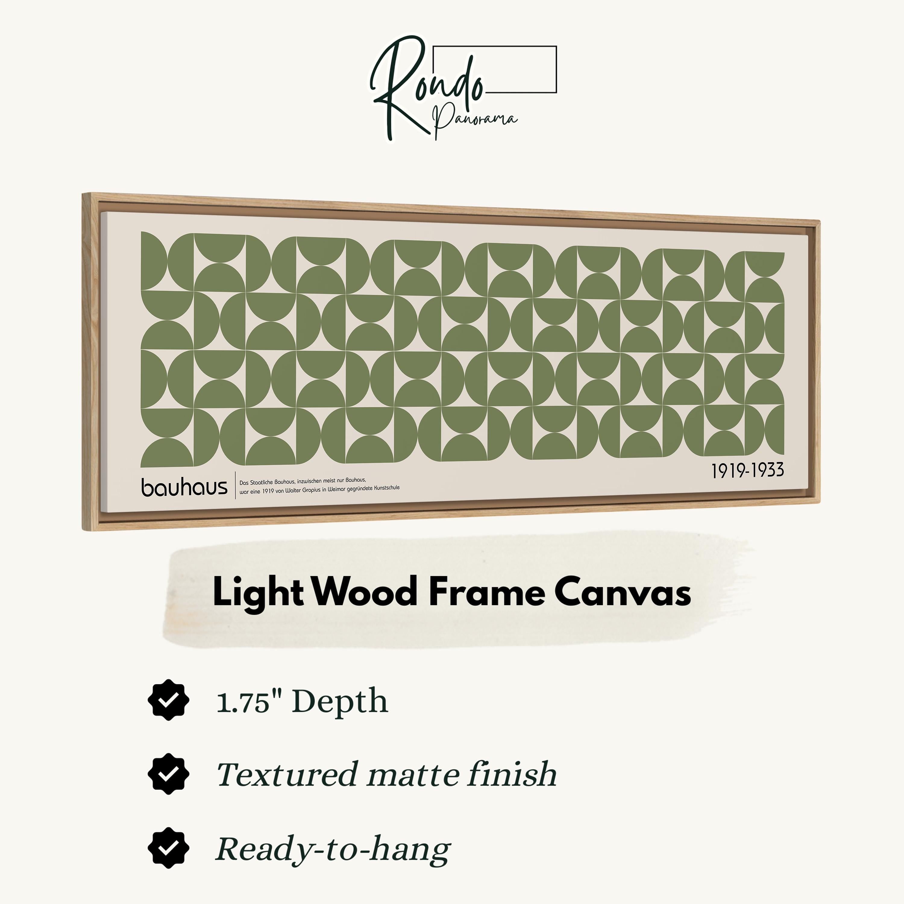 The image is a framed artwork with a geometric pattern in shades of green and brown.