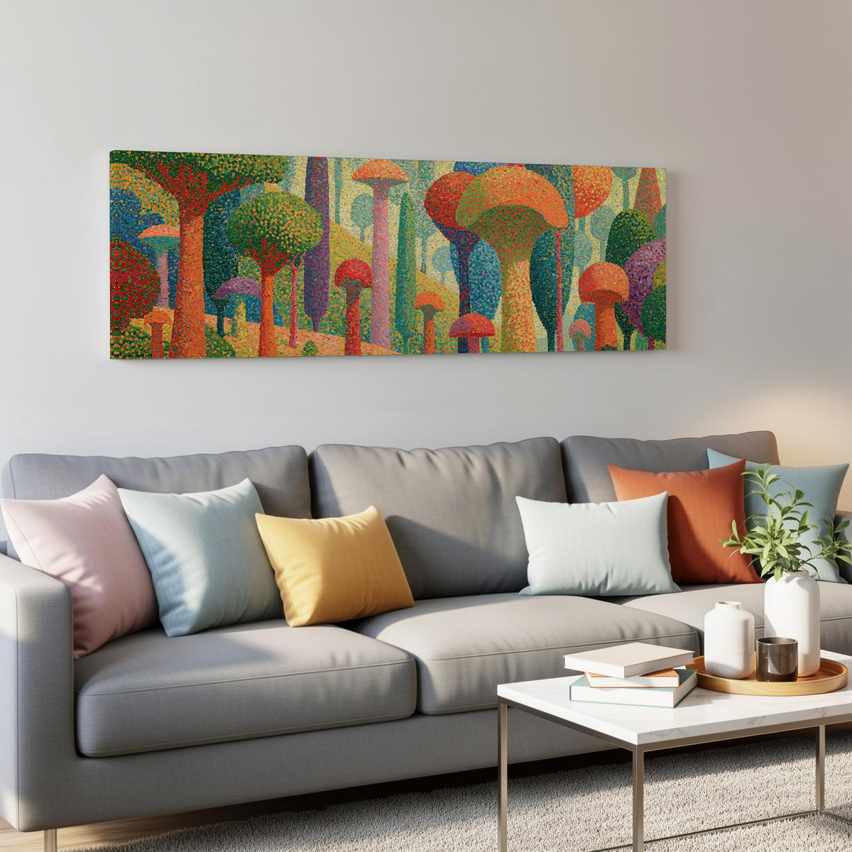 Teal mushroom woodland panoramic canvas print above a grey sofa in a living room