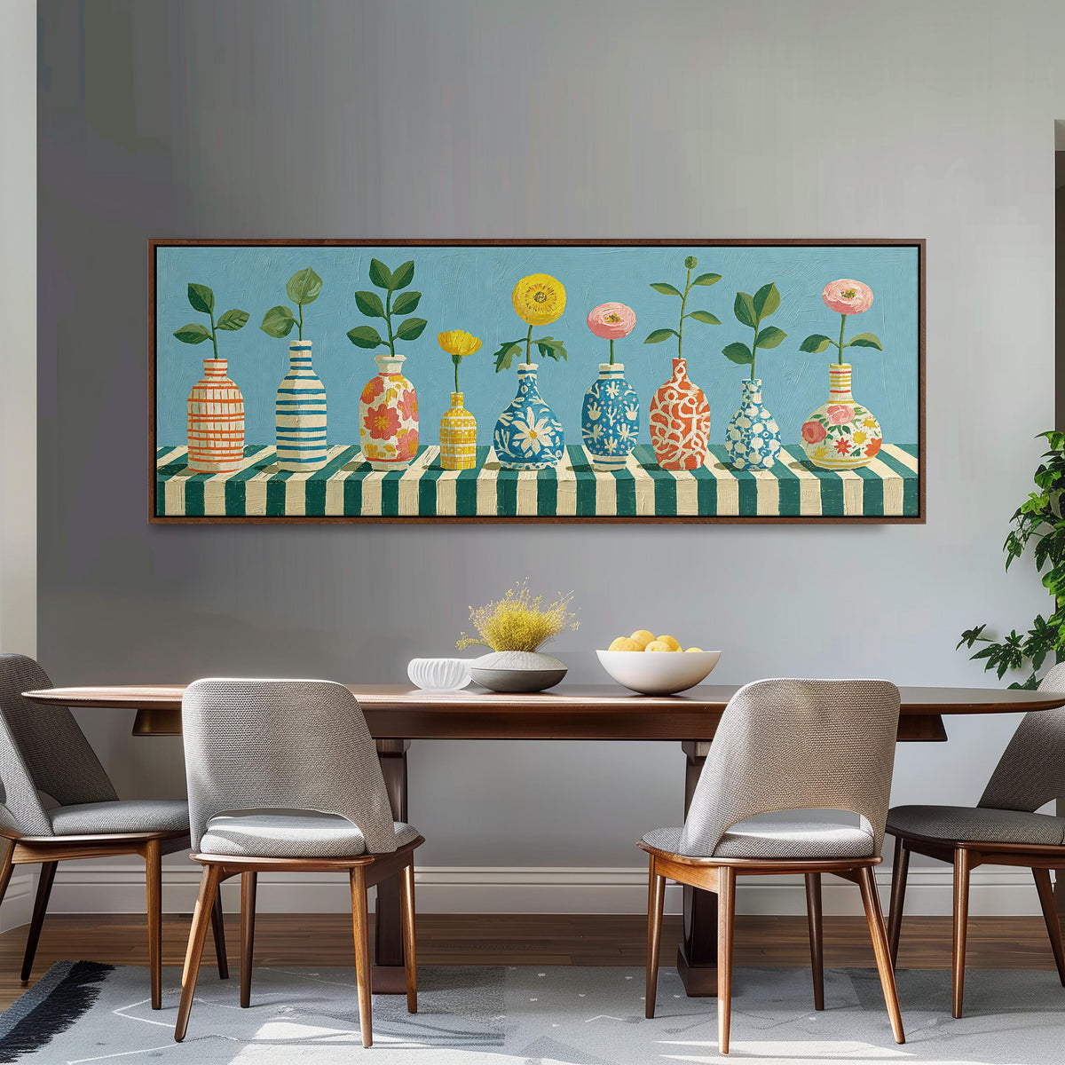 Row of striped vases with flowers long horizontal canvas print above a sofa in a living room