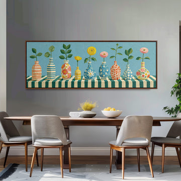Row of striped vases with flowers long horizontal canvas print above a sofa in a living room
