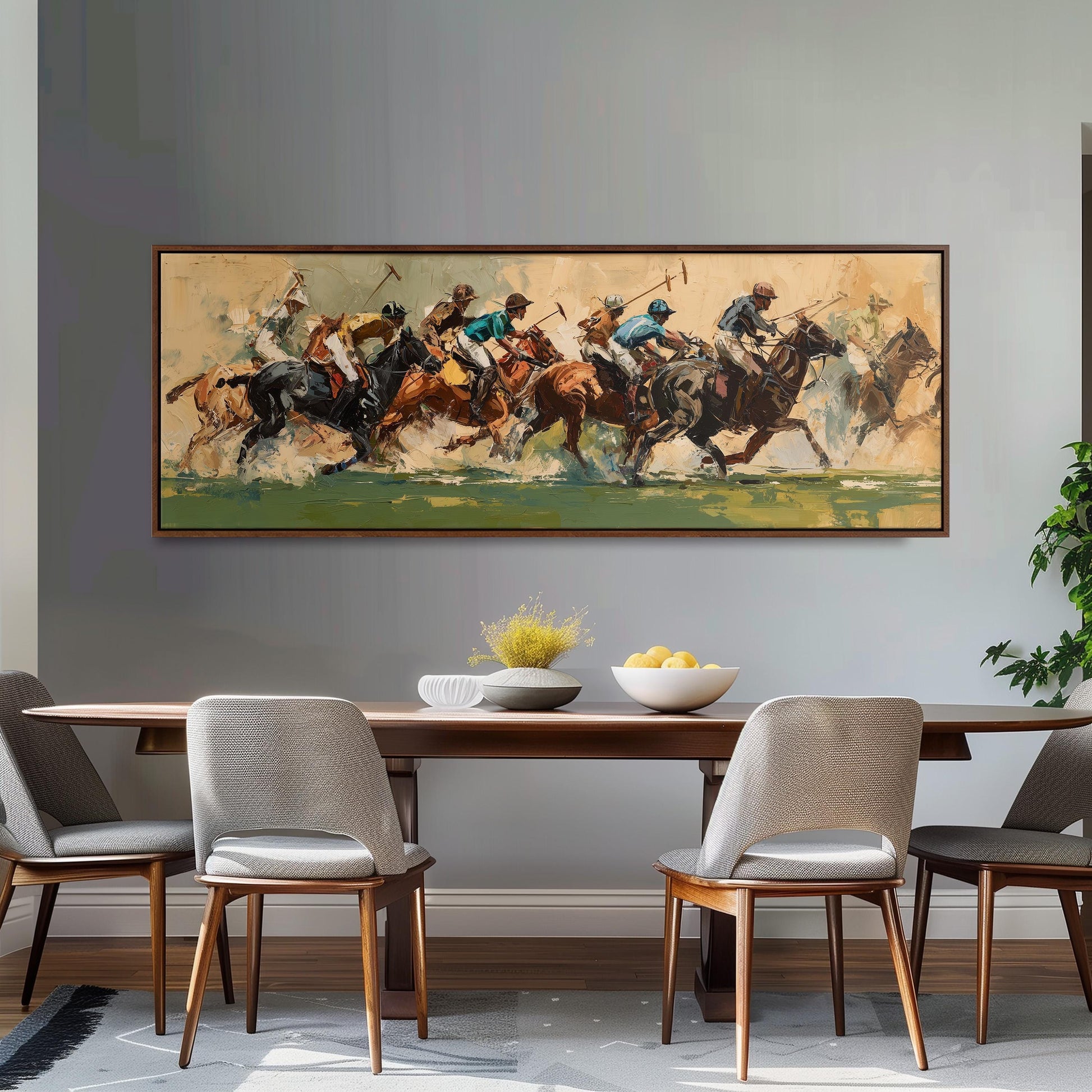 a large painting of a group of people riding horses, displayed on a wall above a wooden dining table with four chairs.
