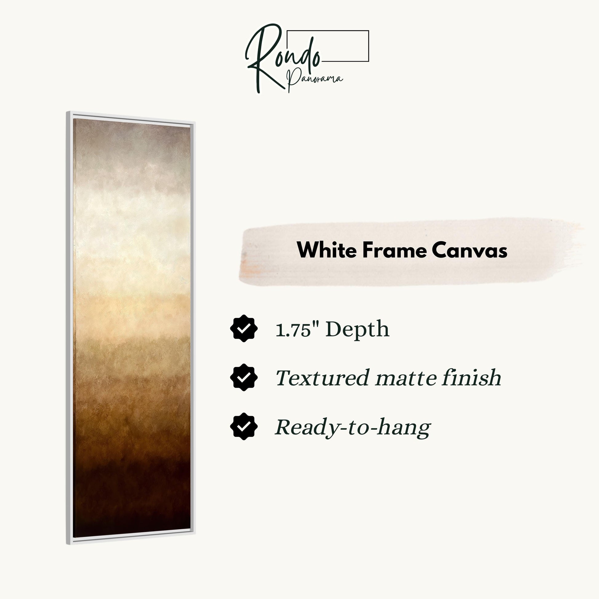 The image is a white frame canvas with a painting of a gradient of colors, including brown and beige tones. The frame is described as having a 1.75" depth, a textured matte finish, and is ready to hang.
