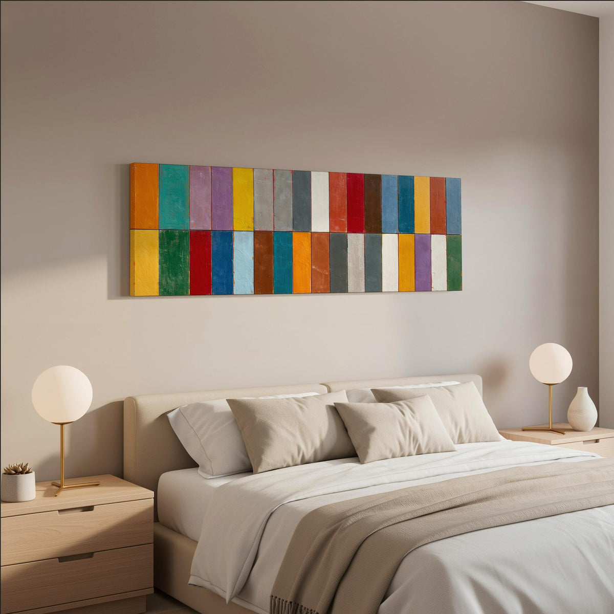 Bright color block rows wide panoramic canvas print above a bed in a neutral bedroom