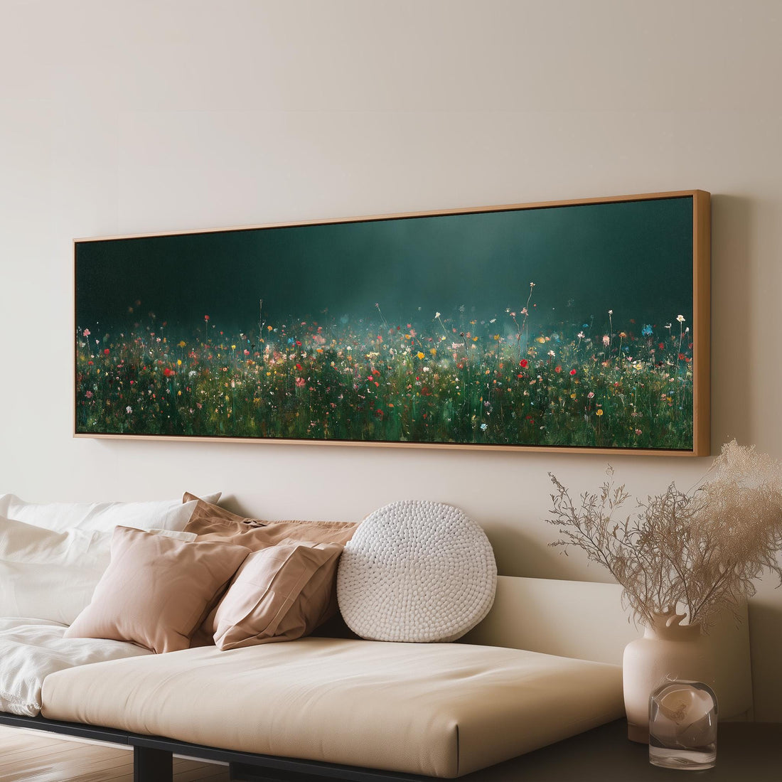 Wildflowers glowing at twilight long horizontal canvas print above a sofa in a living room