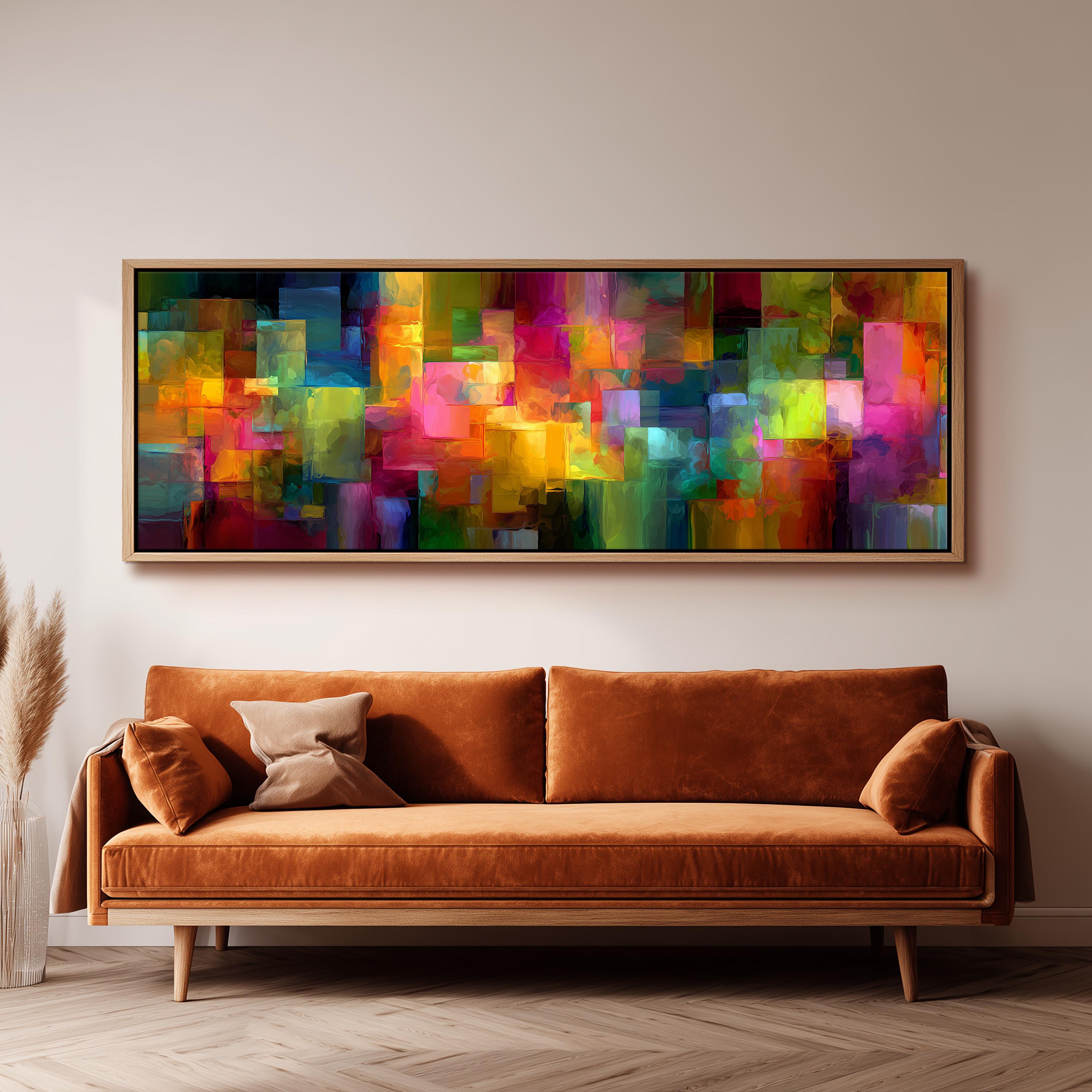 a large, vibrant abstract painting hanging on a wall above a brown sofa in a living room setting.