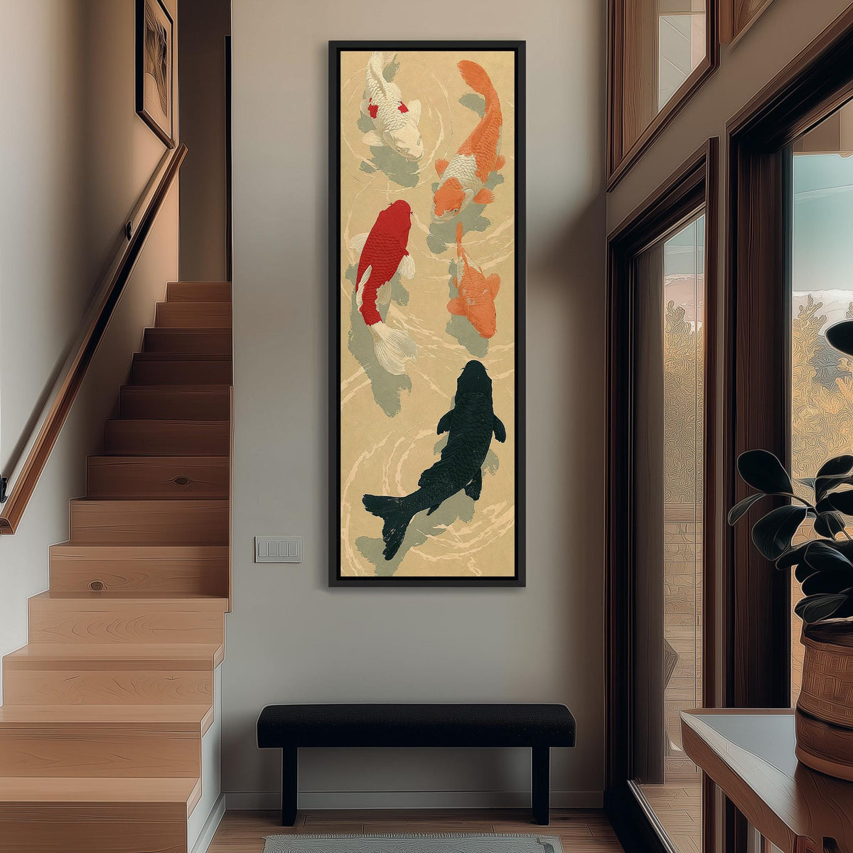 Koi fish pond tall narrow canvas print beside a staircase in an entryway