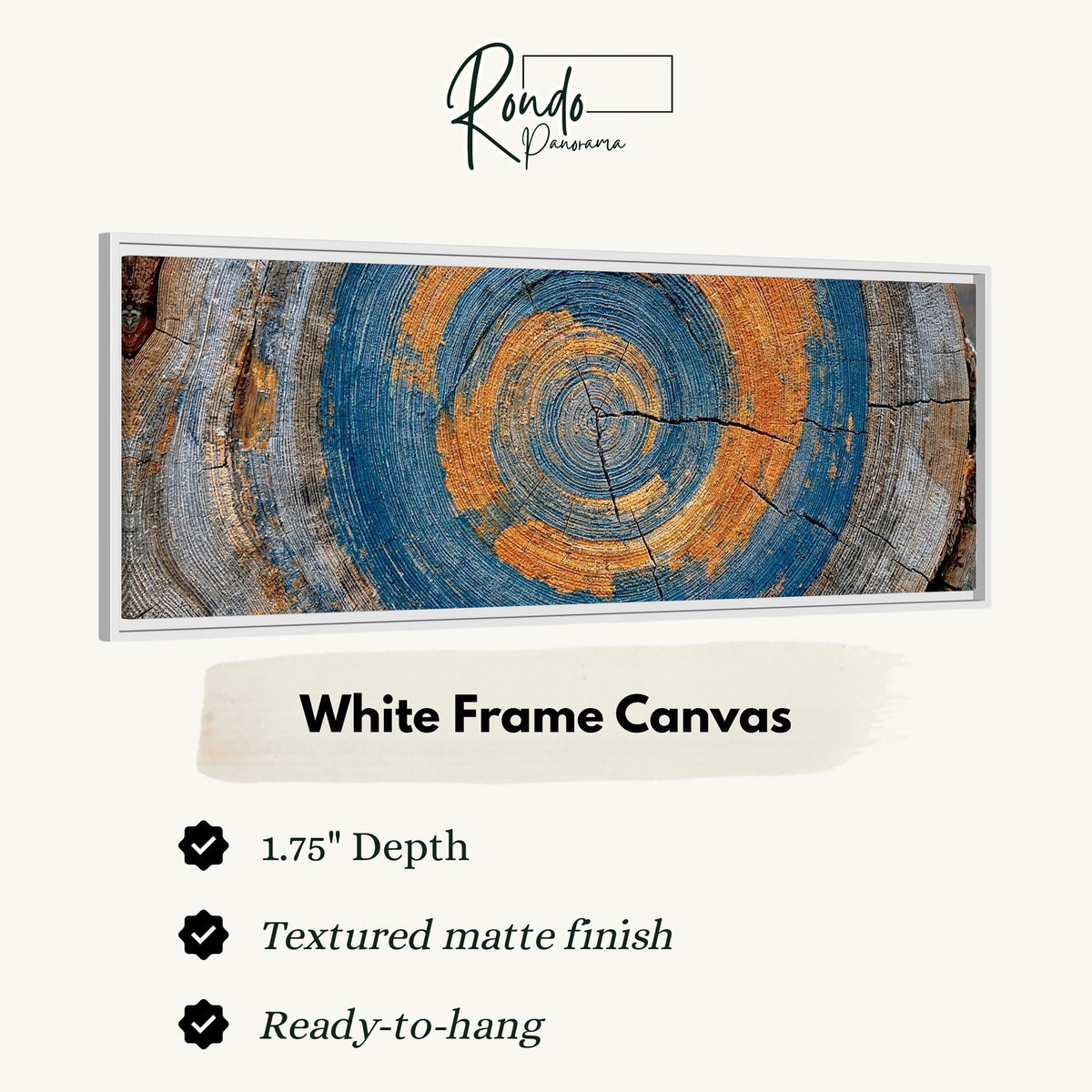 Blue and orange tree ring canvas print in a white floating frame