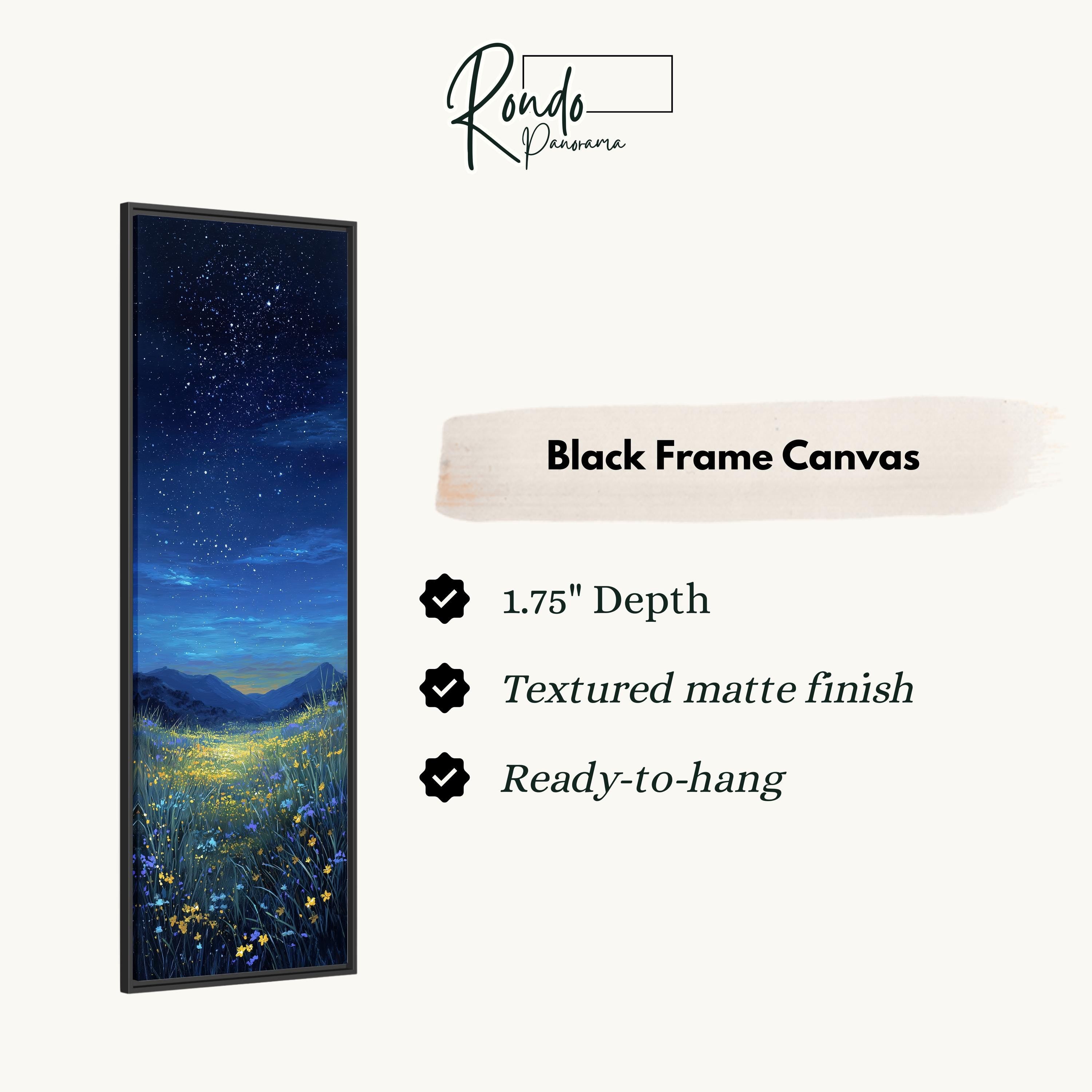 The image is a black frame canvas depicting a night sky with stars and a field of flowers.
