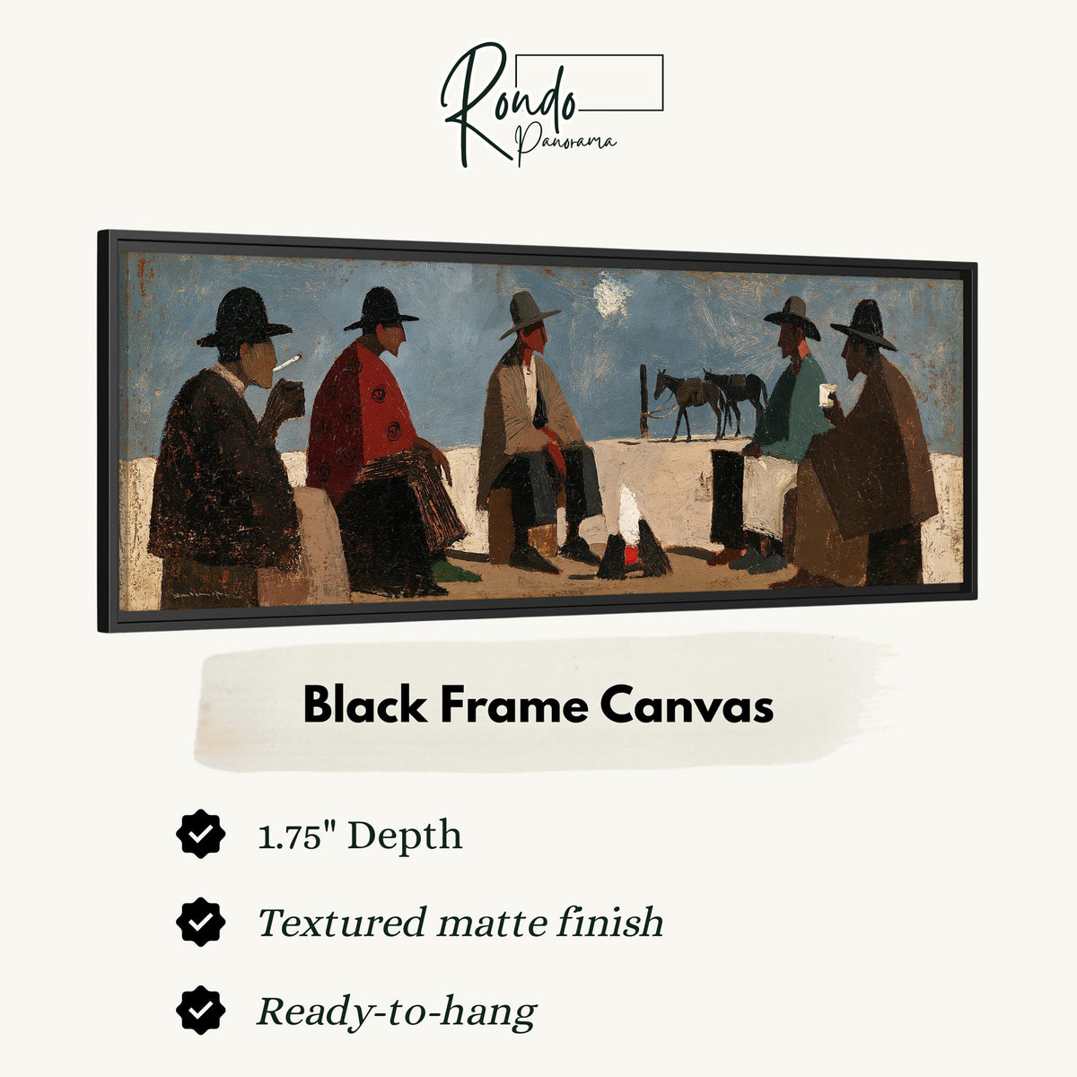 Cowboys gathered around a campfire canvas print in a black floating frame