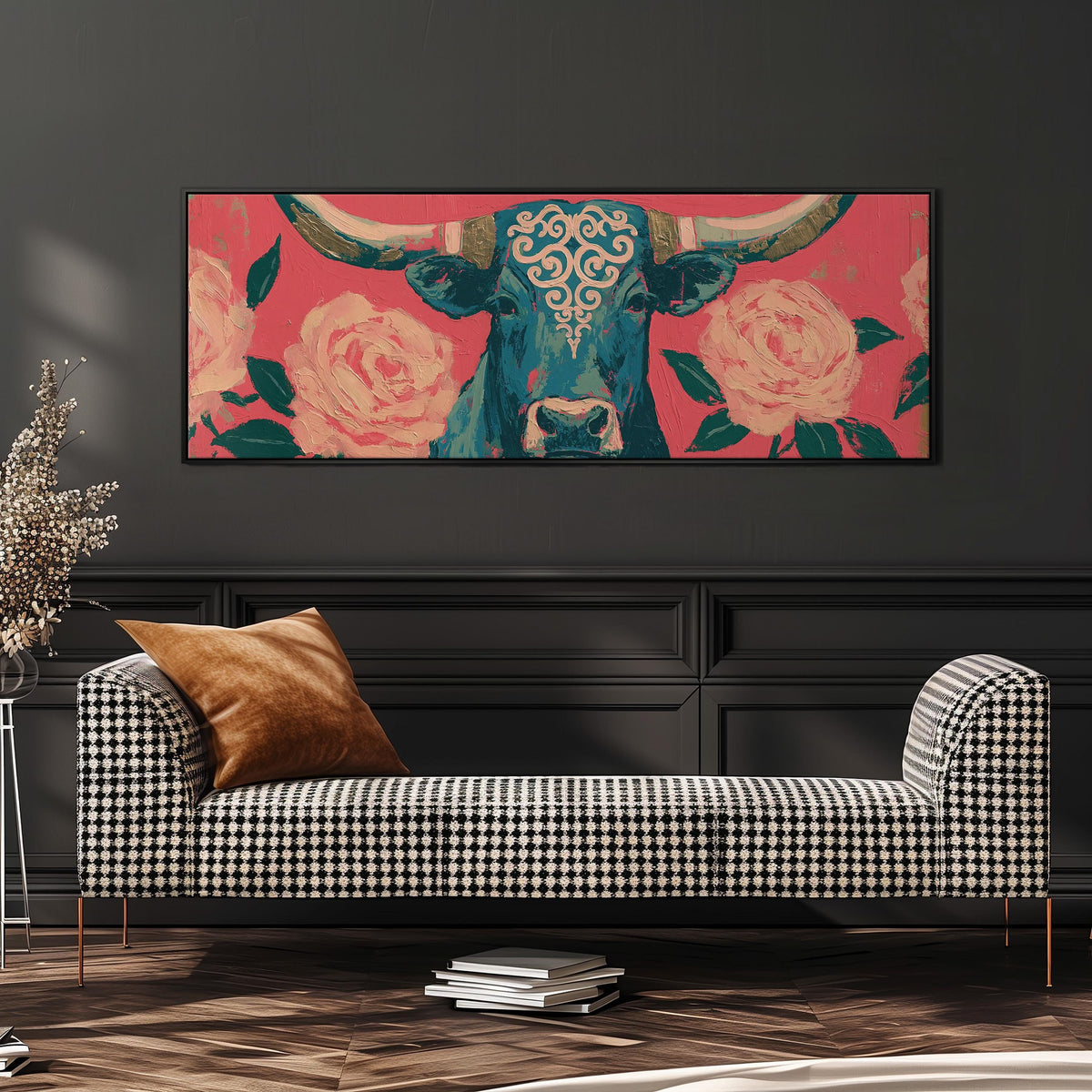Longhorn with pink roses wide panoramic canvas print above a bench in a dark living room