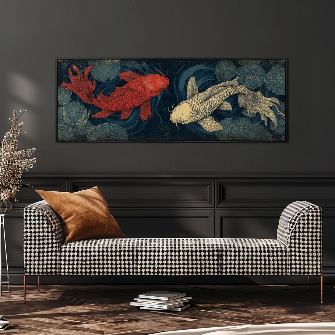 a large, colorful painting of two koi fish swimming in a pond, hanging on a wall above a black and white checkered sofa.