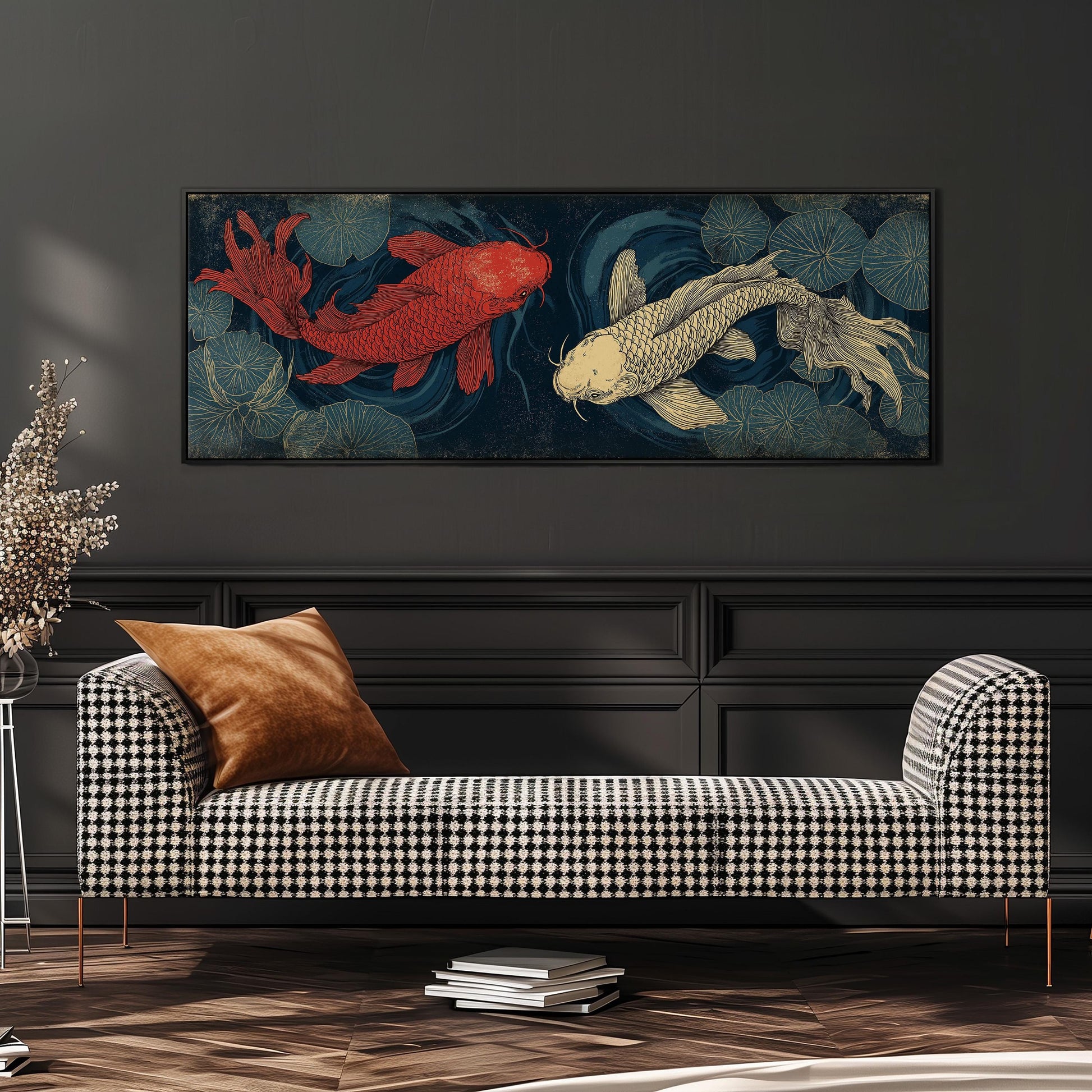 a large, colorful painting of two koi fish swimming in a pond, hanging on a wall above a black and white checkered sofa.