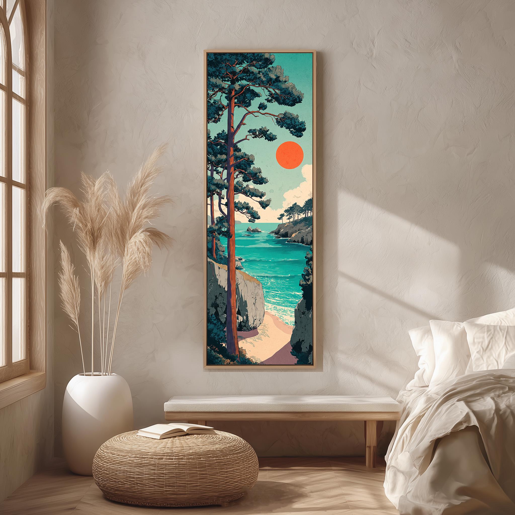a serene bedroom scene with a large painting of a beach landscape hanging on the wall. The painting depicts a tranquil beach scene with a rocky cliff, a calm ocean, and a bright orange sun in the sky. The room is decorated with a large window, a white vase with potted plants, and a wooden bench.