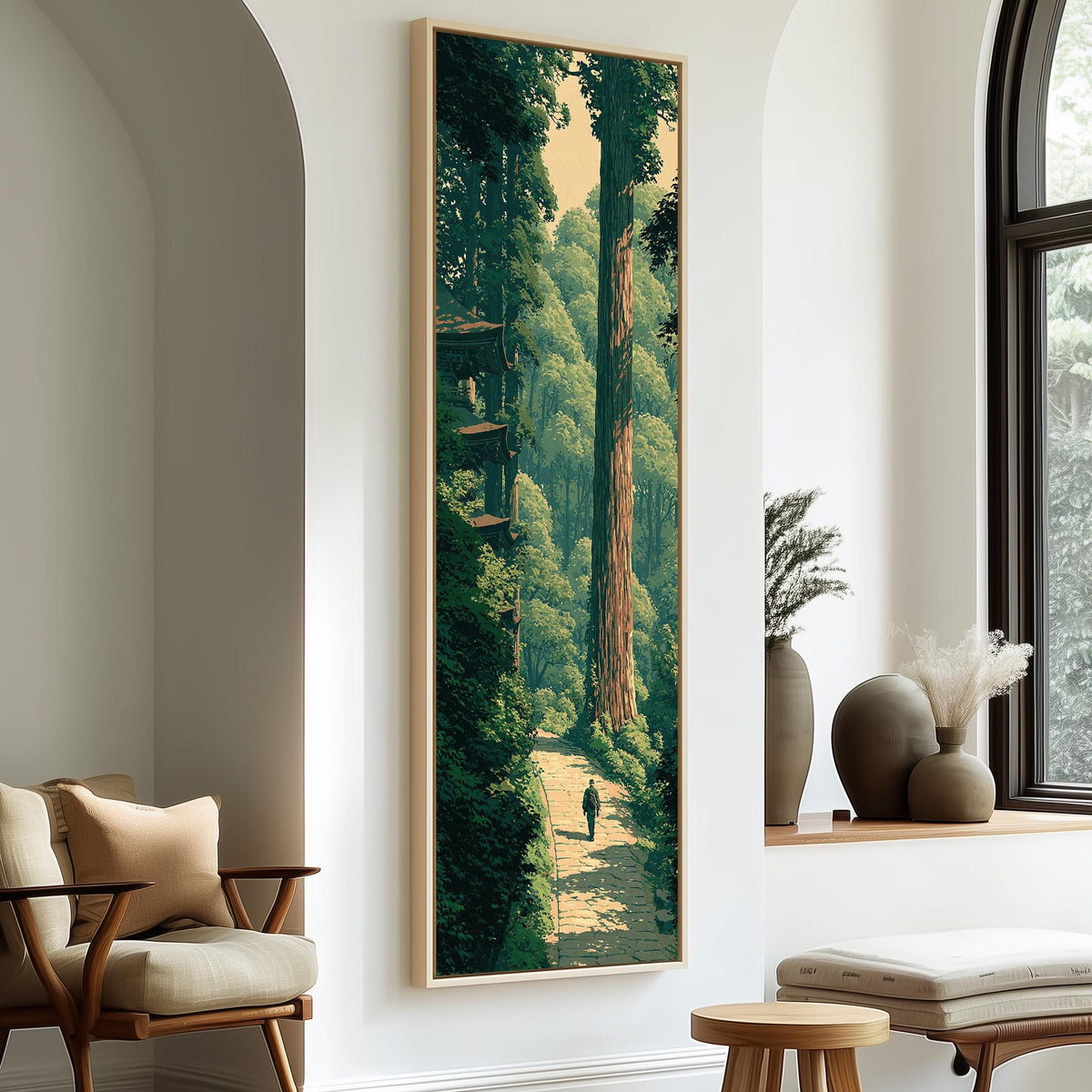 Forest path toward a pagoda tall skinny canvas print in a sunlit living space