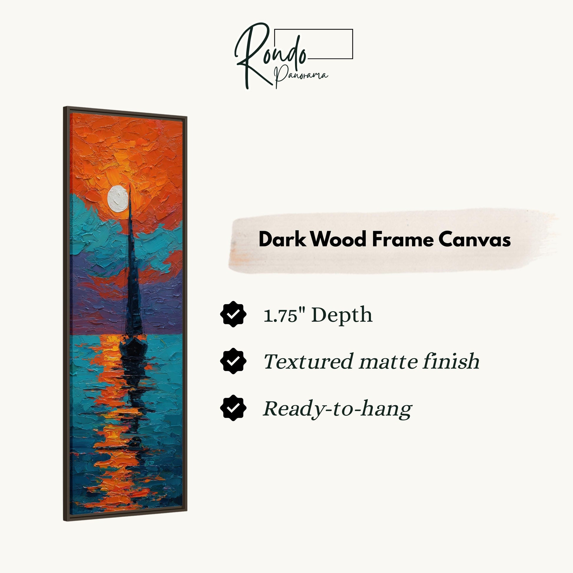 The image is a rectangular dark wood frame canvas with a painting of a sailboat on the water.