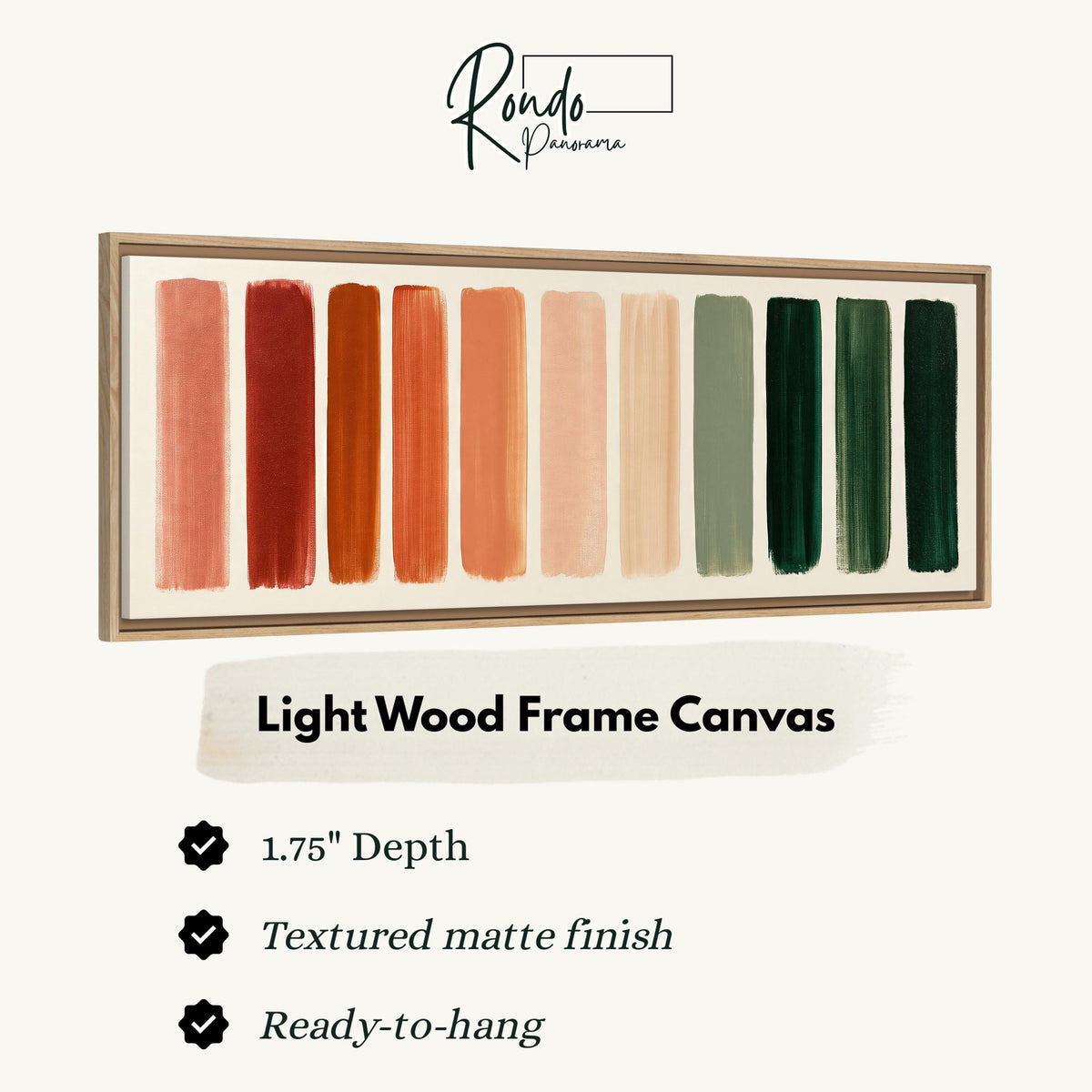 Brushed swatches from terracotta to forest green canvas print in a light wood floating frame
