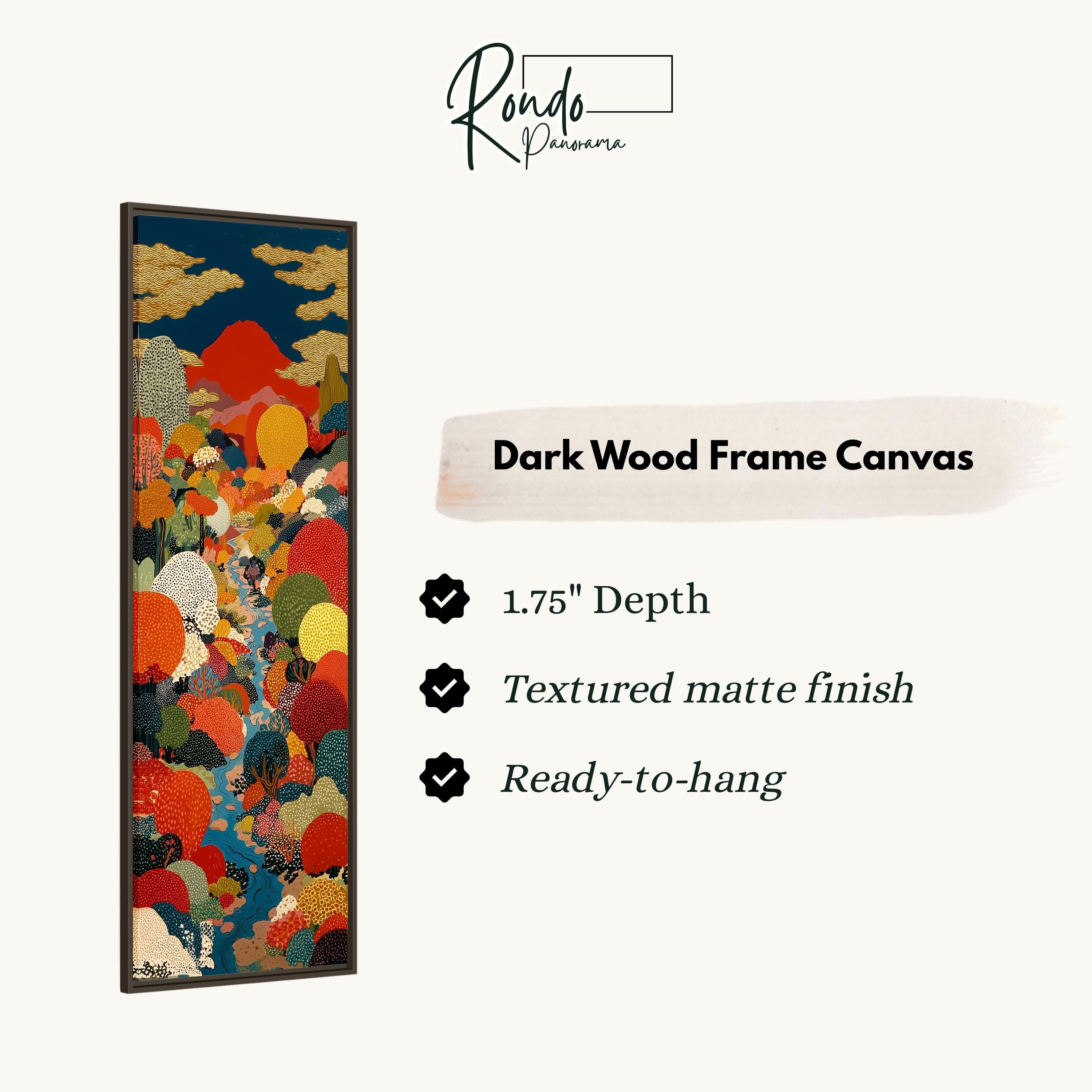 The image is a vertical text box with information about a dark wood frame canvas.