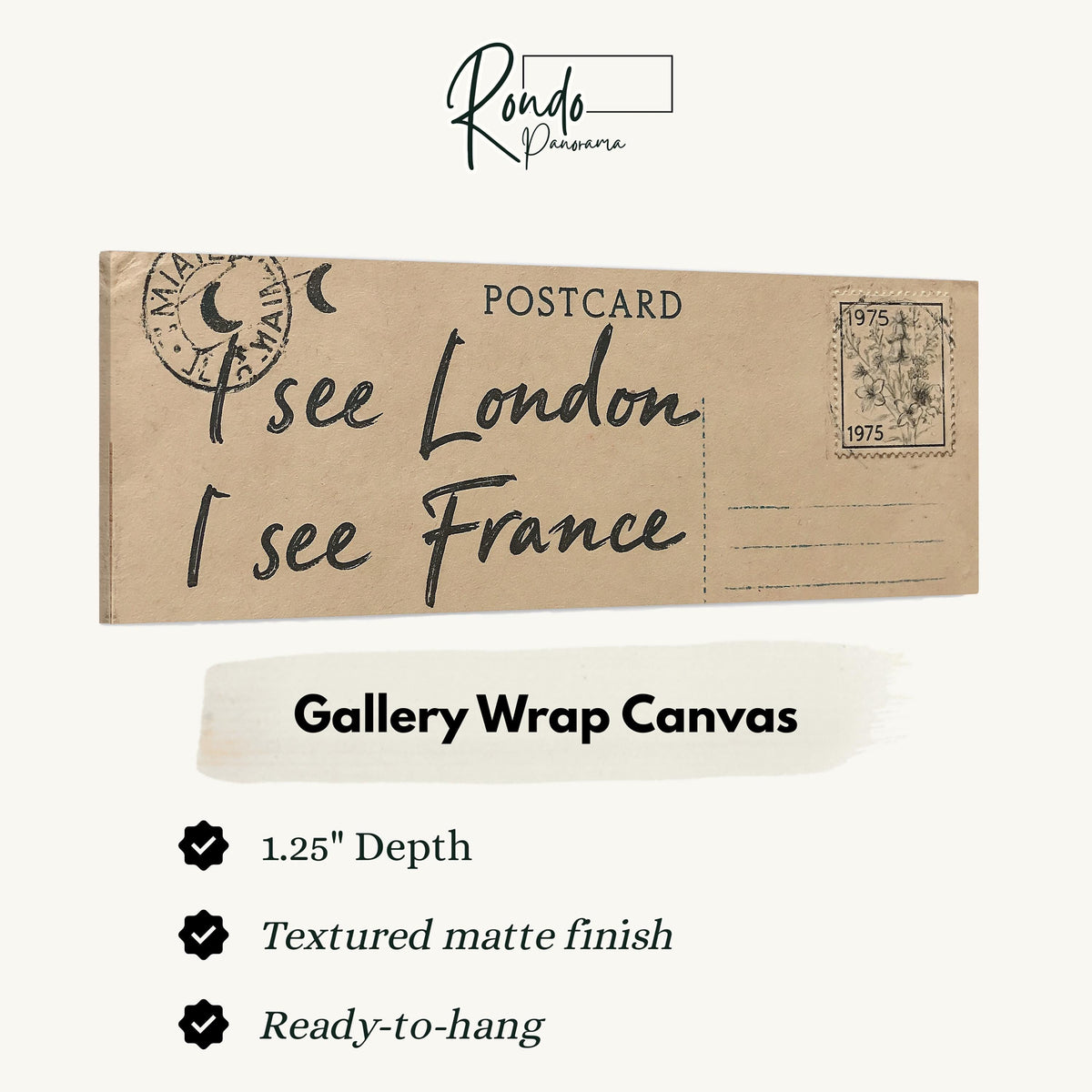 Postcard saying I see London, I see France gallery wrap canvas with the image wrapped around the edges