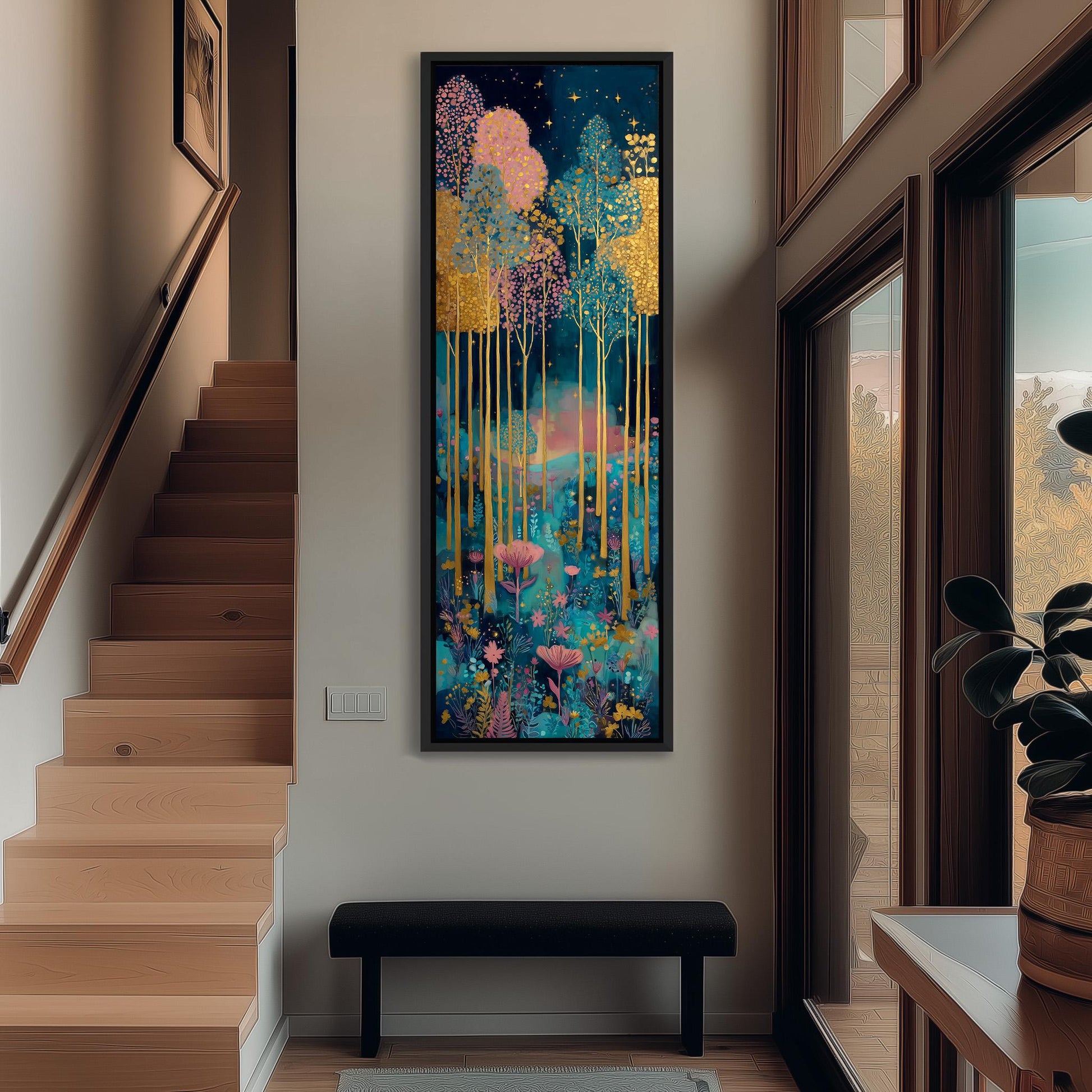 a large, colorful painting of a forest scene hanging on the wall of a hallway. The painting is framed in black and is surrounded by a wooden staircase and a bench.
