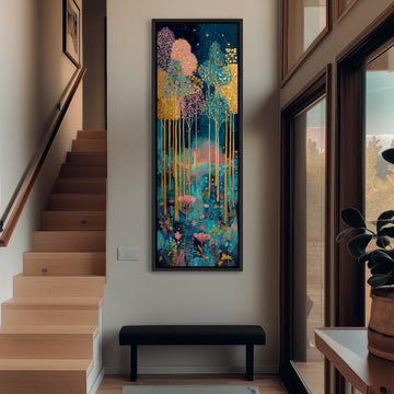 a large, colorful painting of a forest scene hanging on the wall of a hallway. The painting is framed in black and is surrounded by a wooden staircase and a bench.