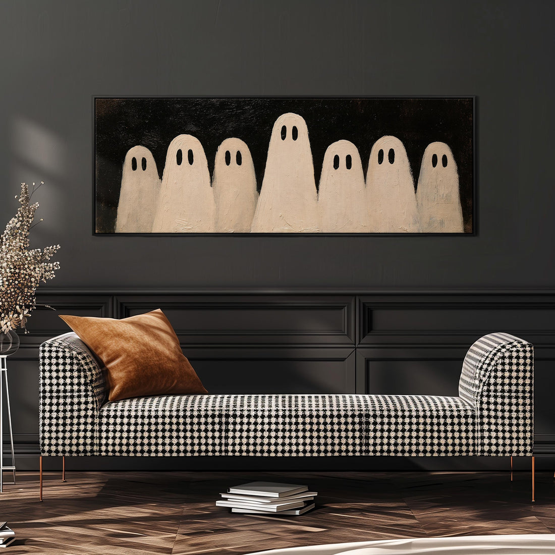 Friendly ghost gang long horizontal canvas print above a sofa in a living room