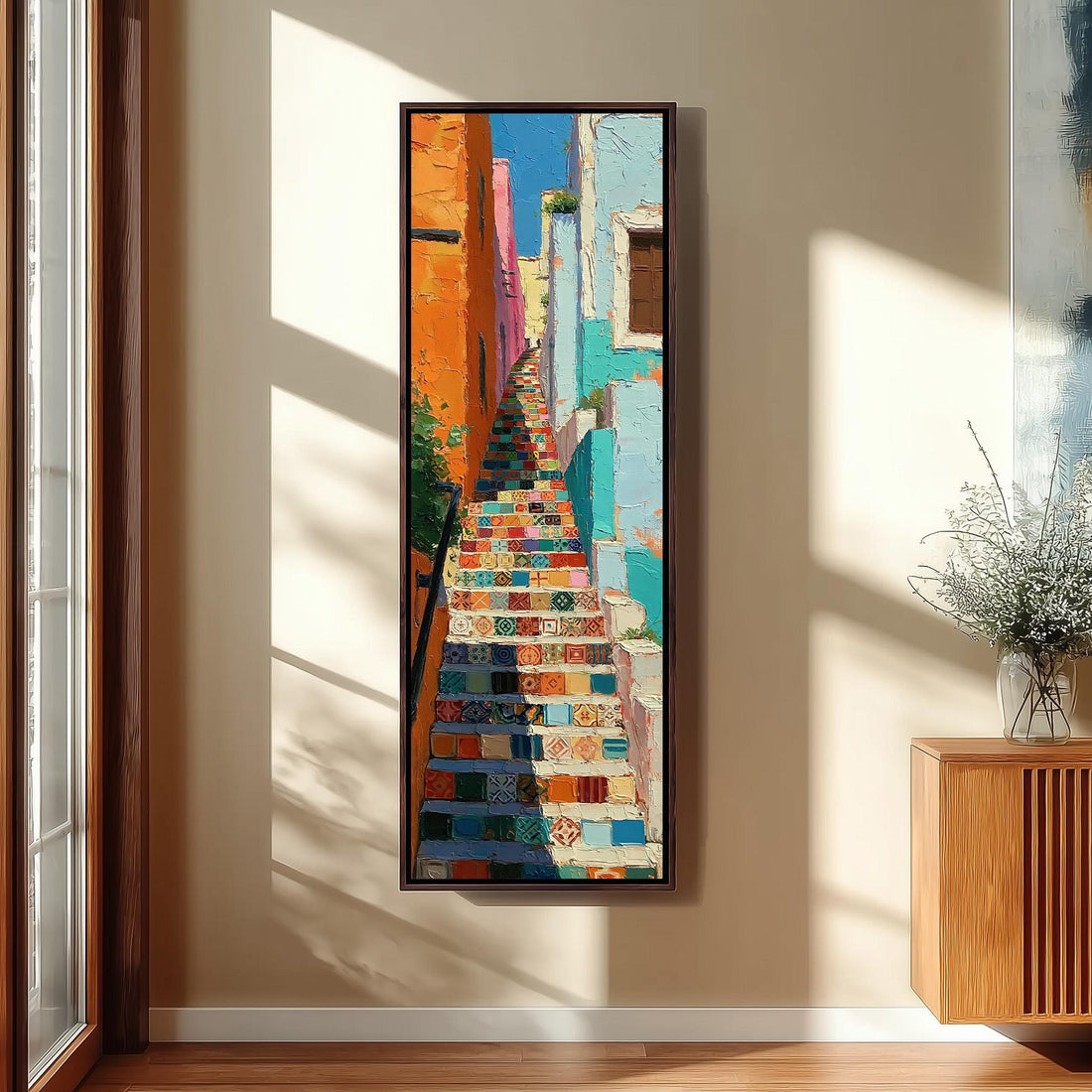 Rainbow tiled staircase in a narrow alley long vertical canvas print in a sunlit living space