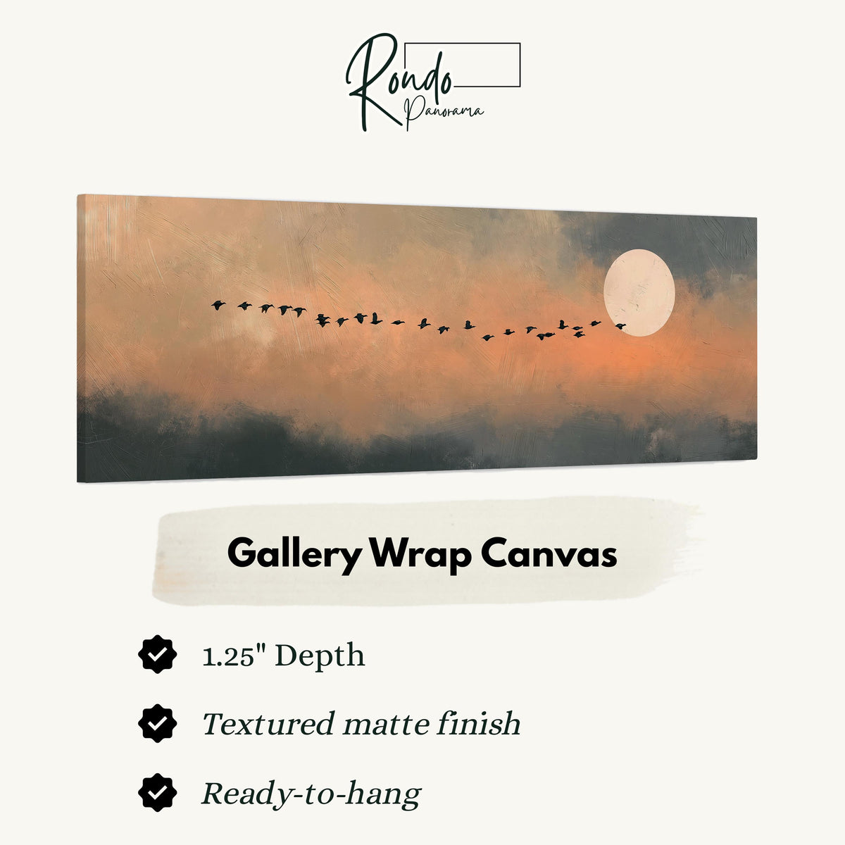 Geese flying toward the moon at twilight gallery wrap canvas with the image wrapped around the edges