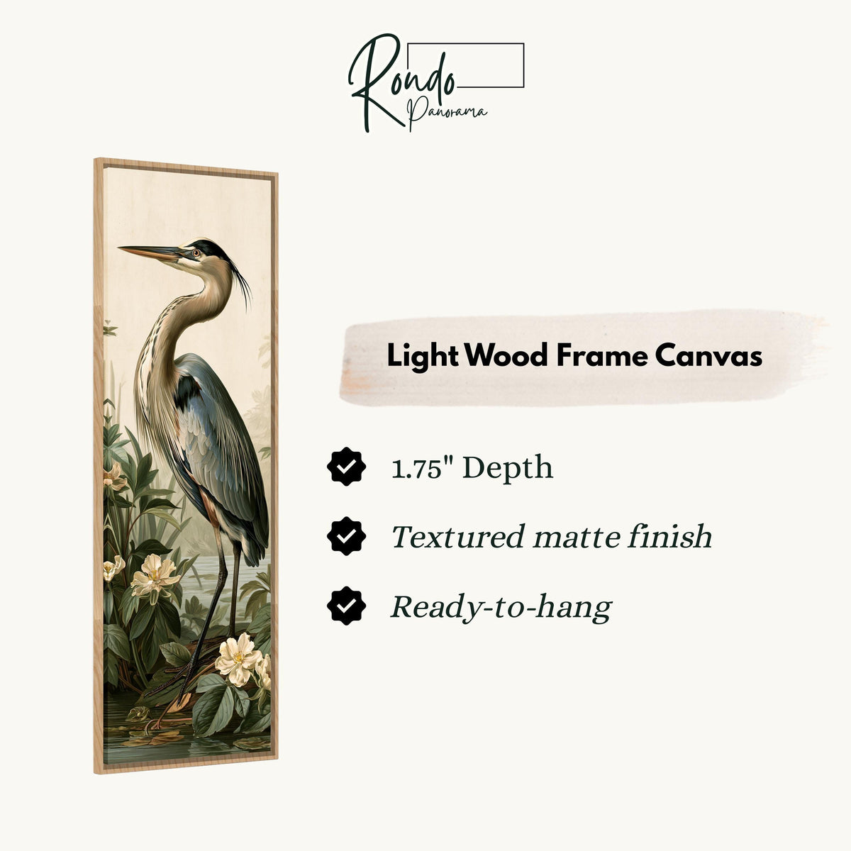 Blue heron among magnolia blooms canvas print in a light wood floating frame