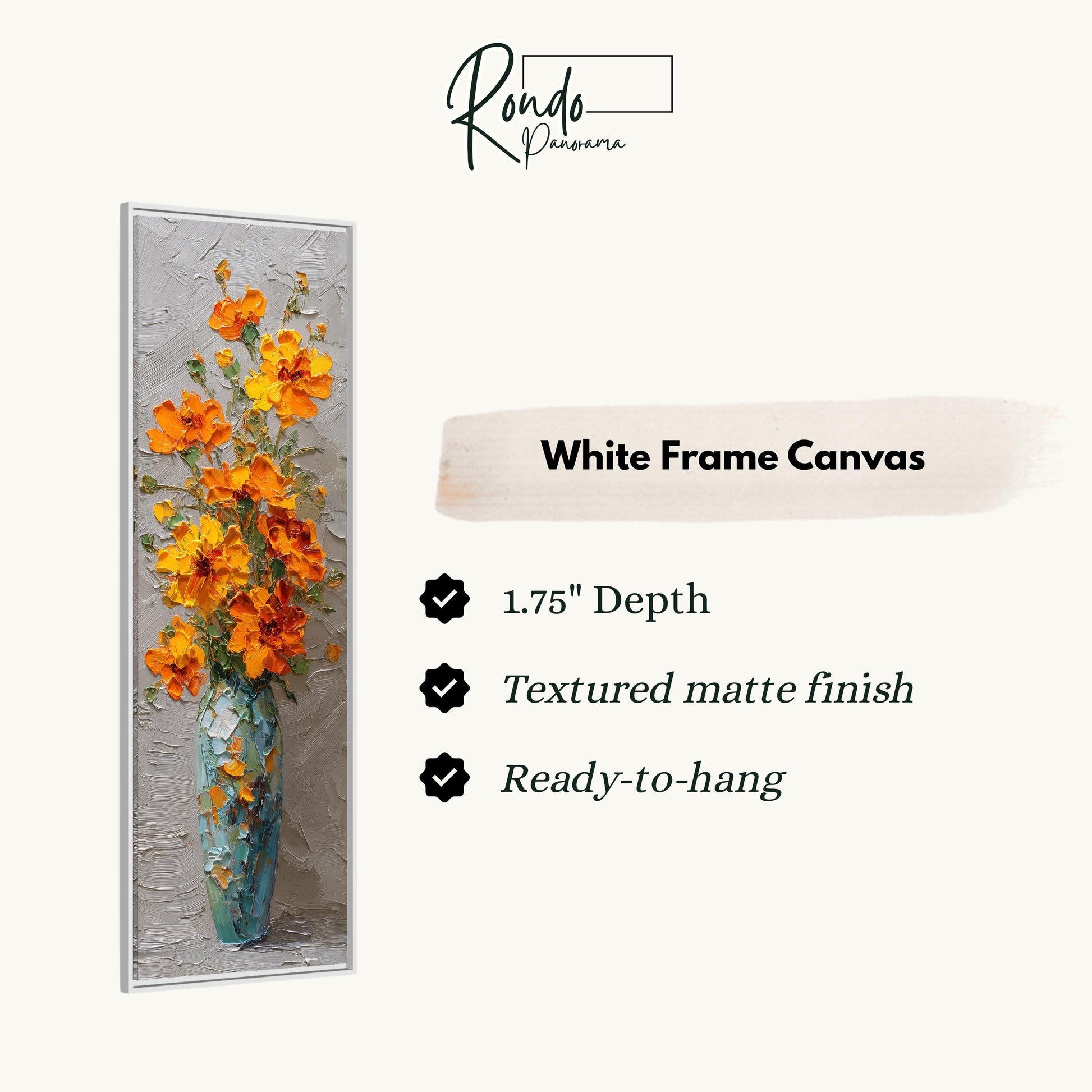 a white frame canvas with a painting of a vase filled with orange flowers.