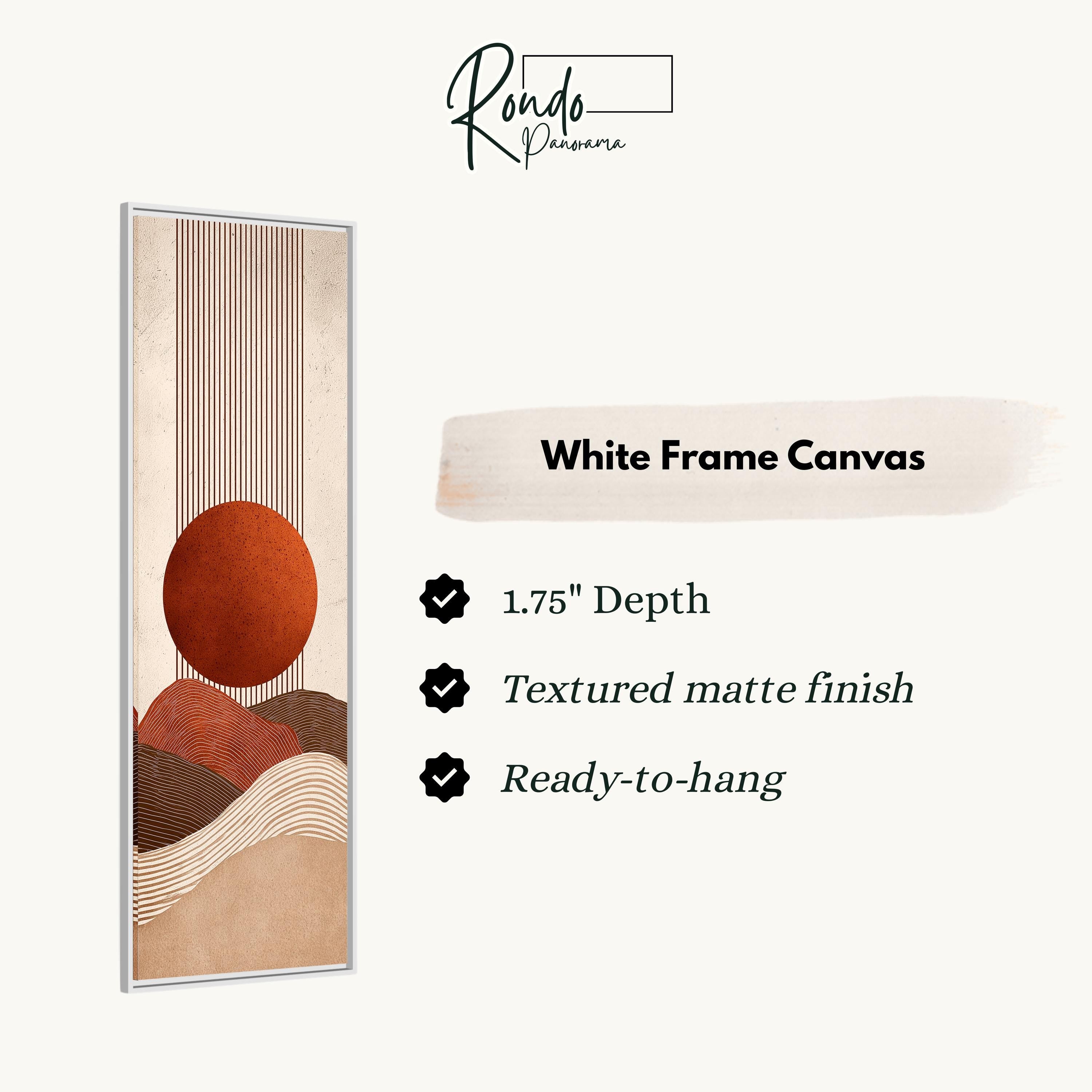 The image is a white frame canvas with a minimalist design featuring a large orange circle and a striped pattern.