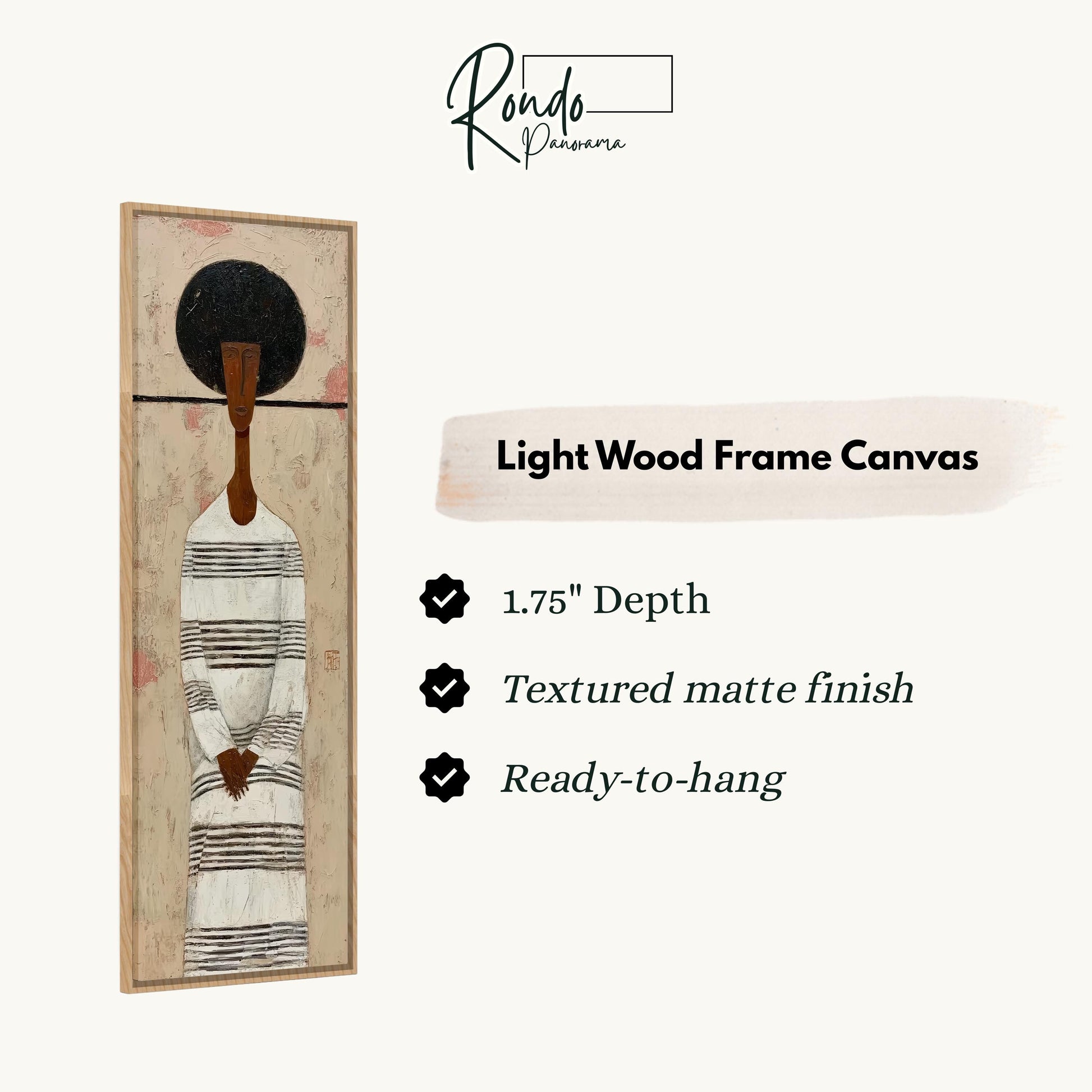 The image is a light wood frame canvas depicting a stylized figure with a black headdress.