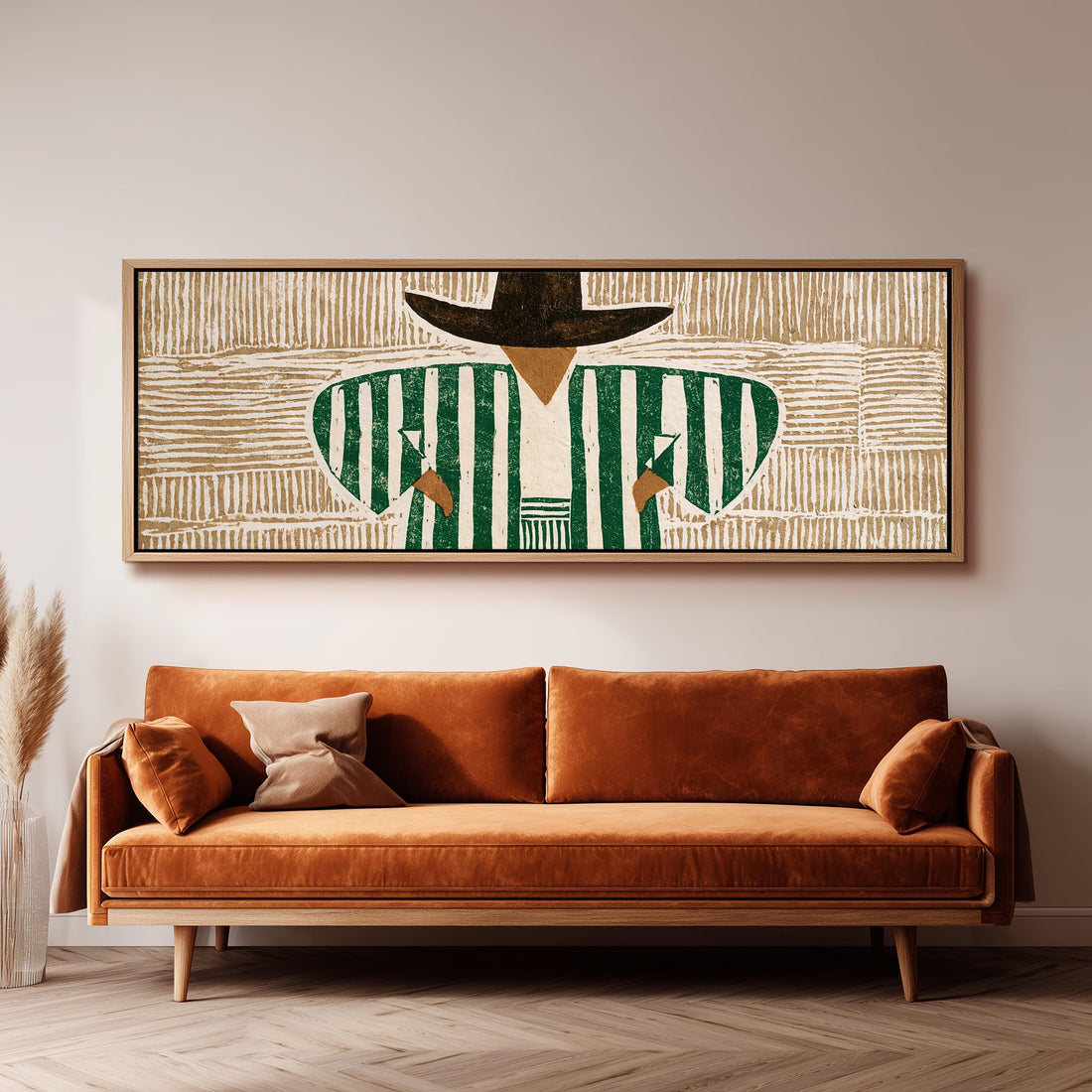 Figure in a green striped shirt and black hat long horizontal canvas print above a sofa in a living room