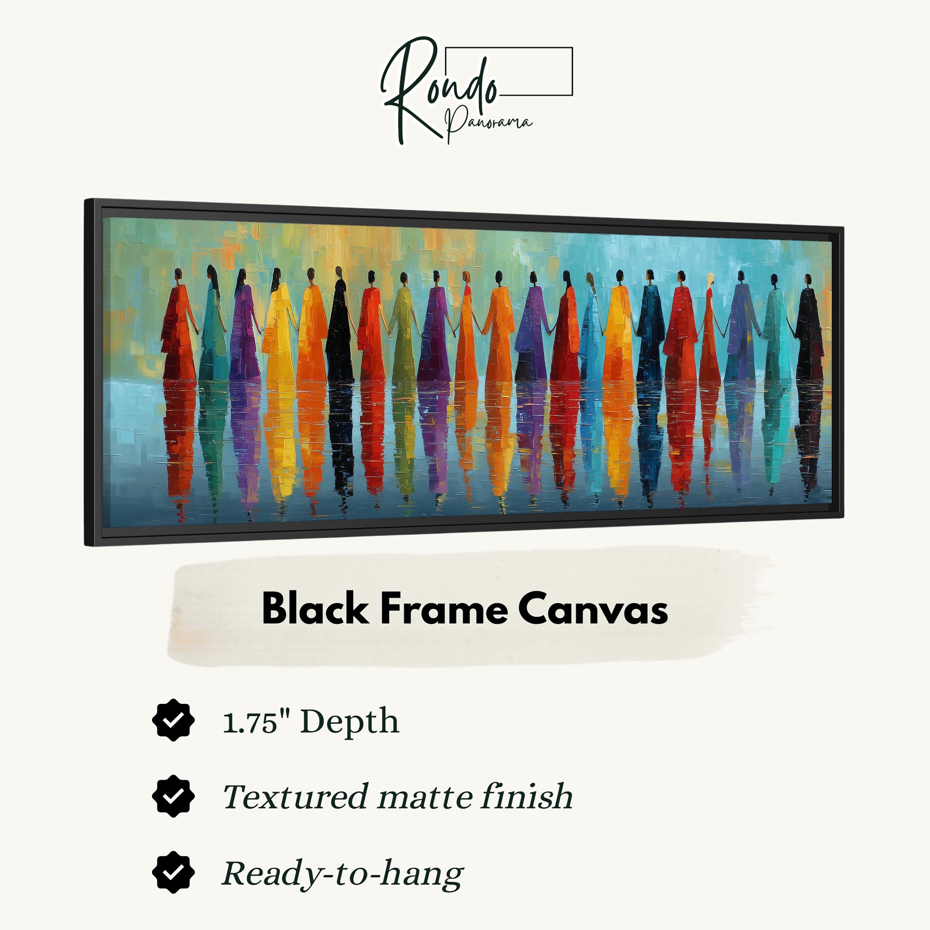 The image is a black frame canvas featuring a vibrant painting of a group of people in colorful dresses standing in a line.