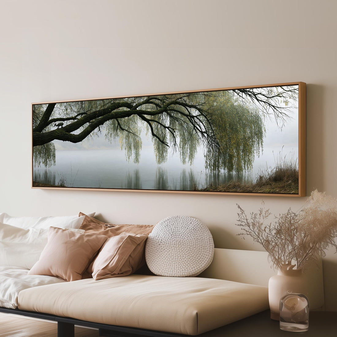 Weeping willow over a misty lake long horizontal canvas print above a sofa in a living room