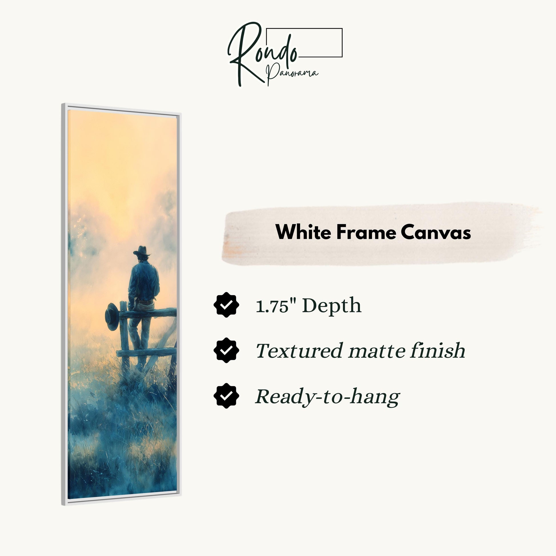The image is a white frame canvas depicting a cowboy standing on a fence, with a sunset in the background.