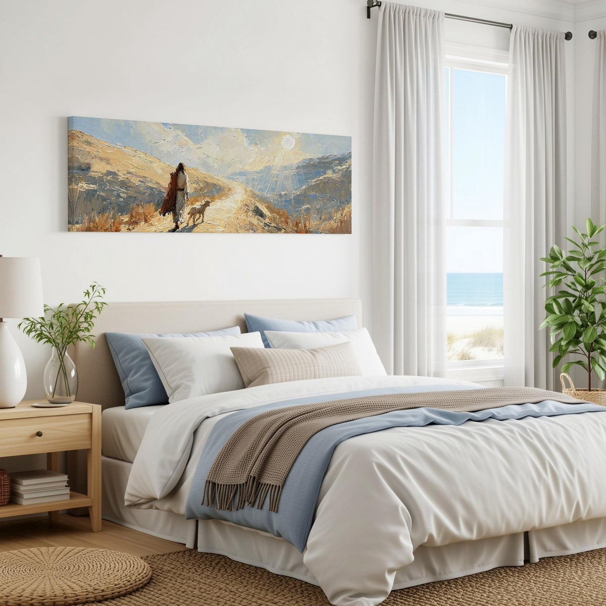 Jesus walking a sunlit hillside path with a sheep panoramic canvas print above a bed in a coastal bedroom