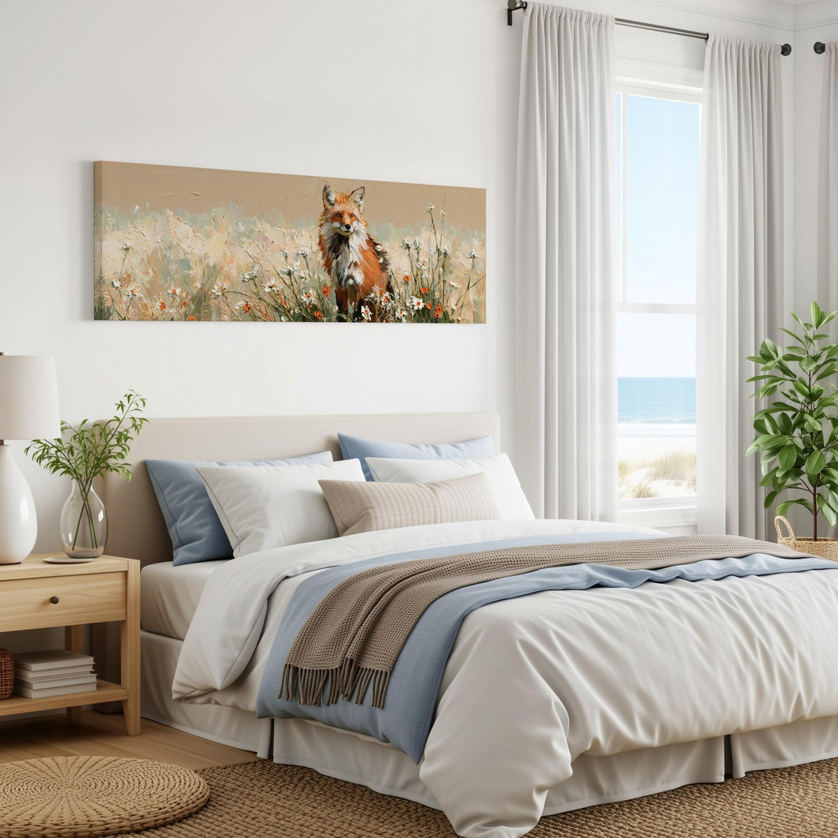 Red fox sitting among white wildflowers panoramic canvas print above a bed in a coastal bedroom
