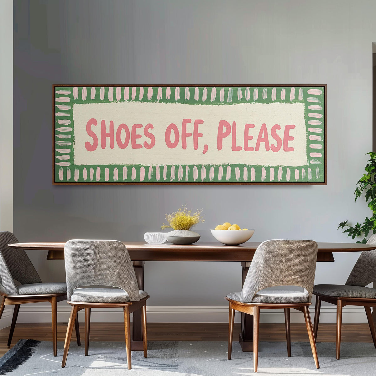 Shoes off, please sign panoramic canvas print above a white sofa in a bright living room